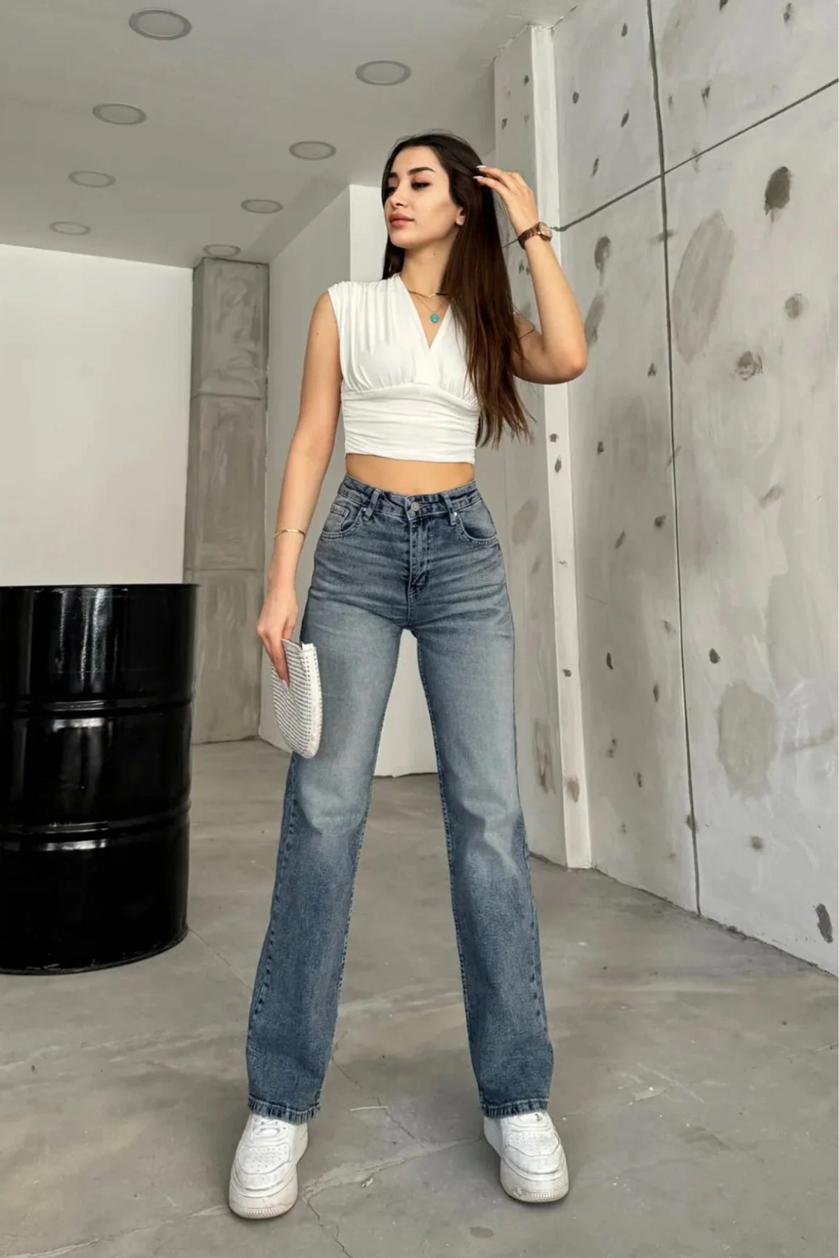 Kadın Yüksek bel Esnek Soluk Efektli Palazzo Jeans Mavi 8