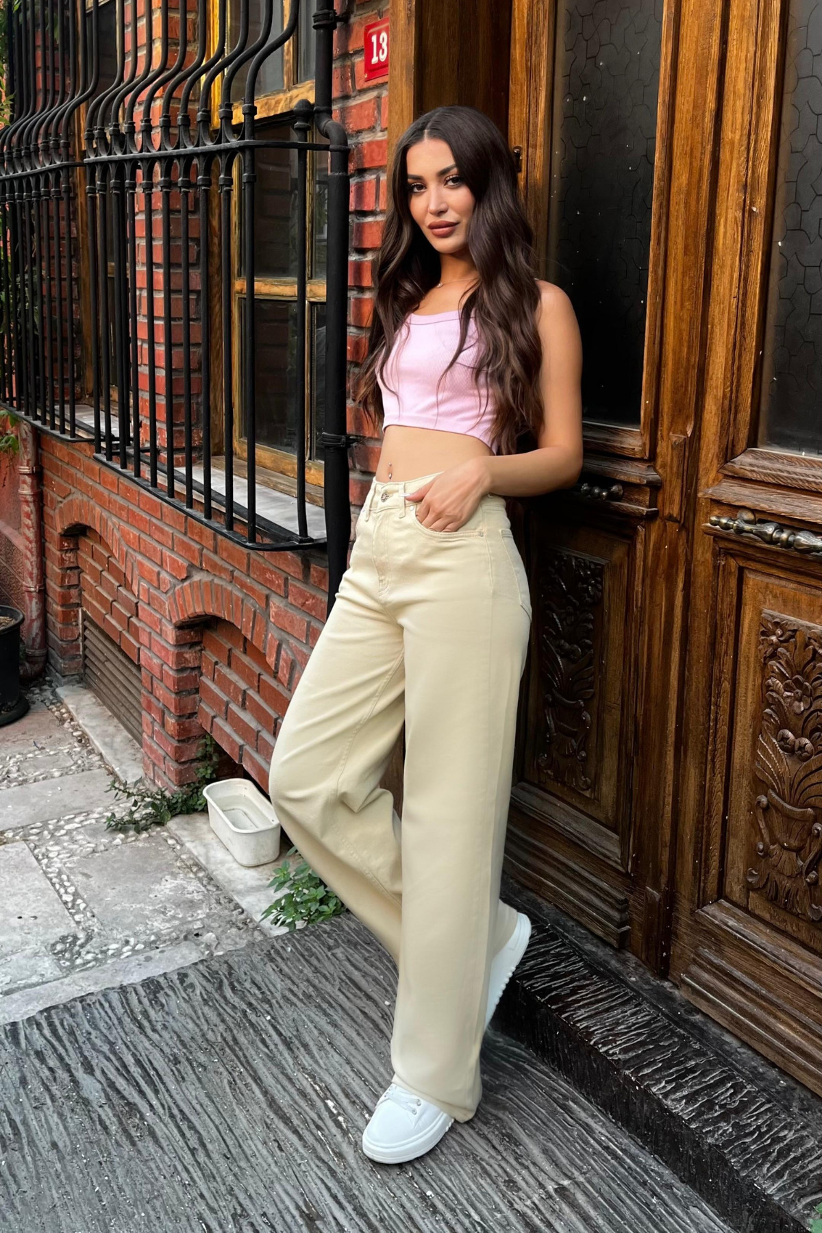 Bej Yüksek Bel Wide Leg Jeans 3