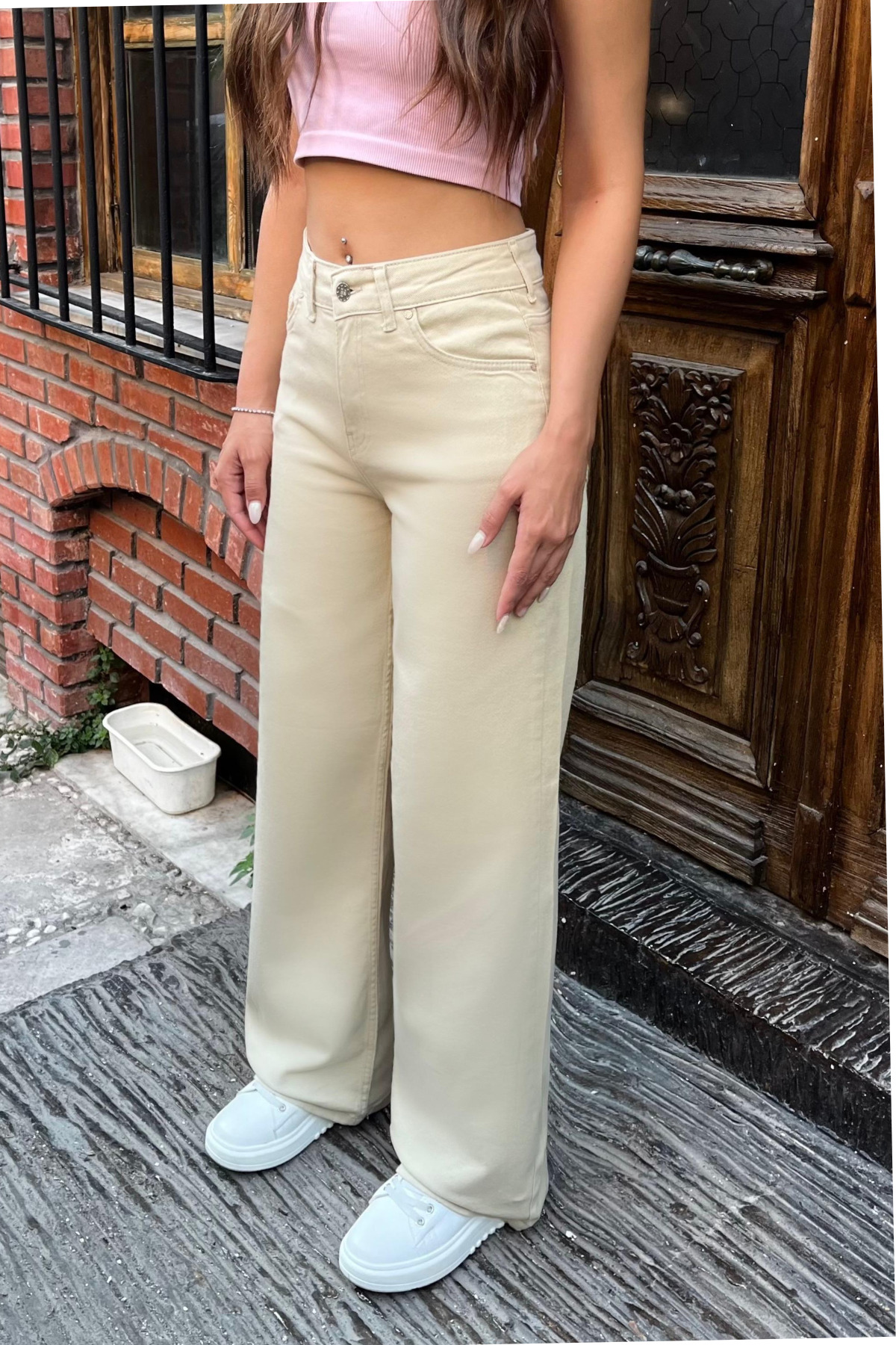 Bej Yüksek Bel Wide Leg Jeans 8