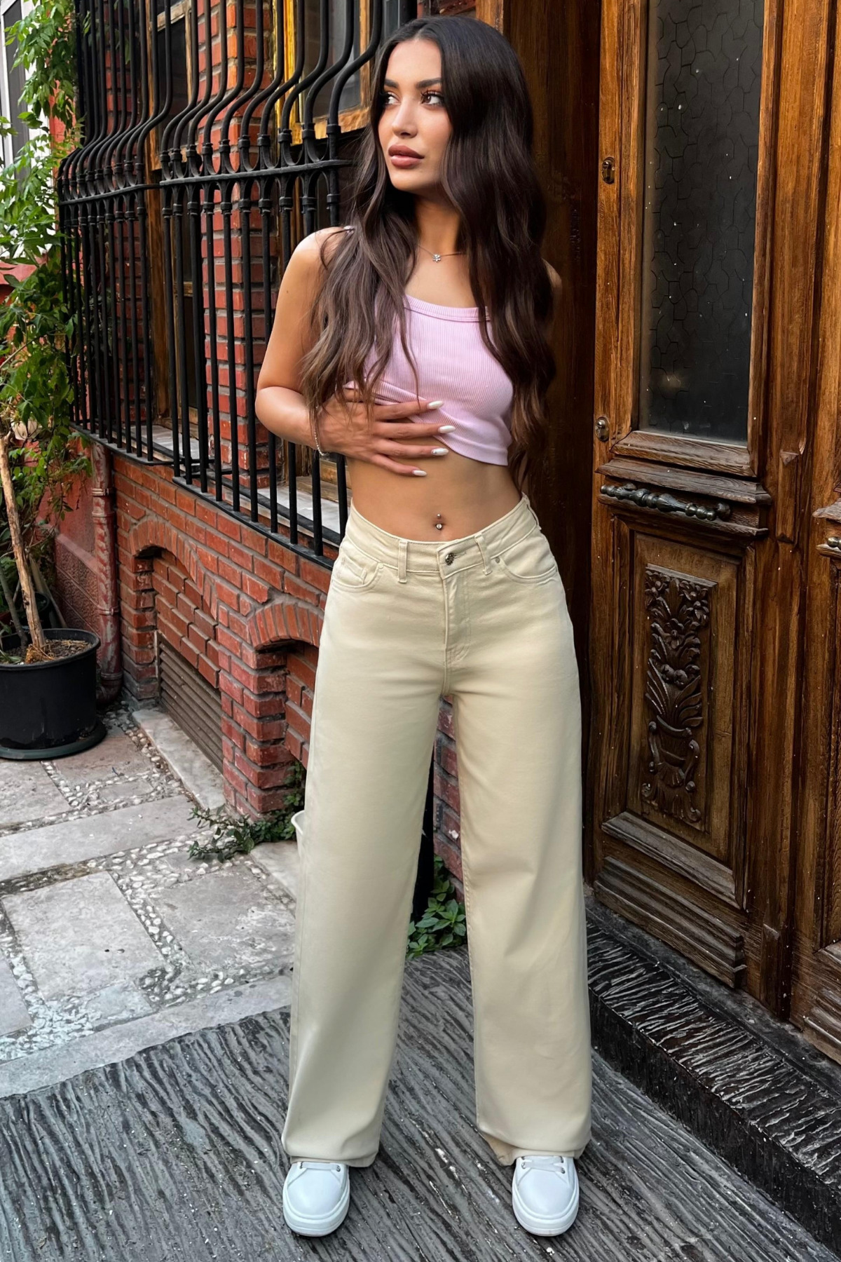 Bej Yüksek Bel Wide Leg Jeans 5