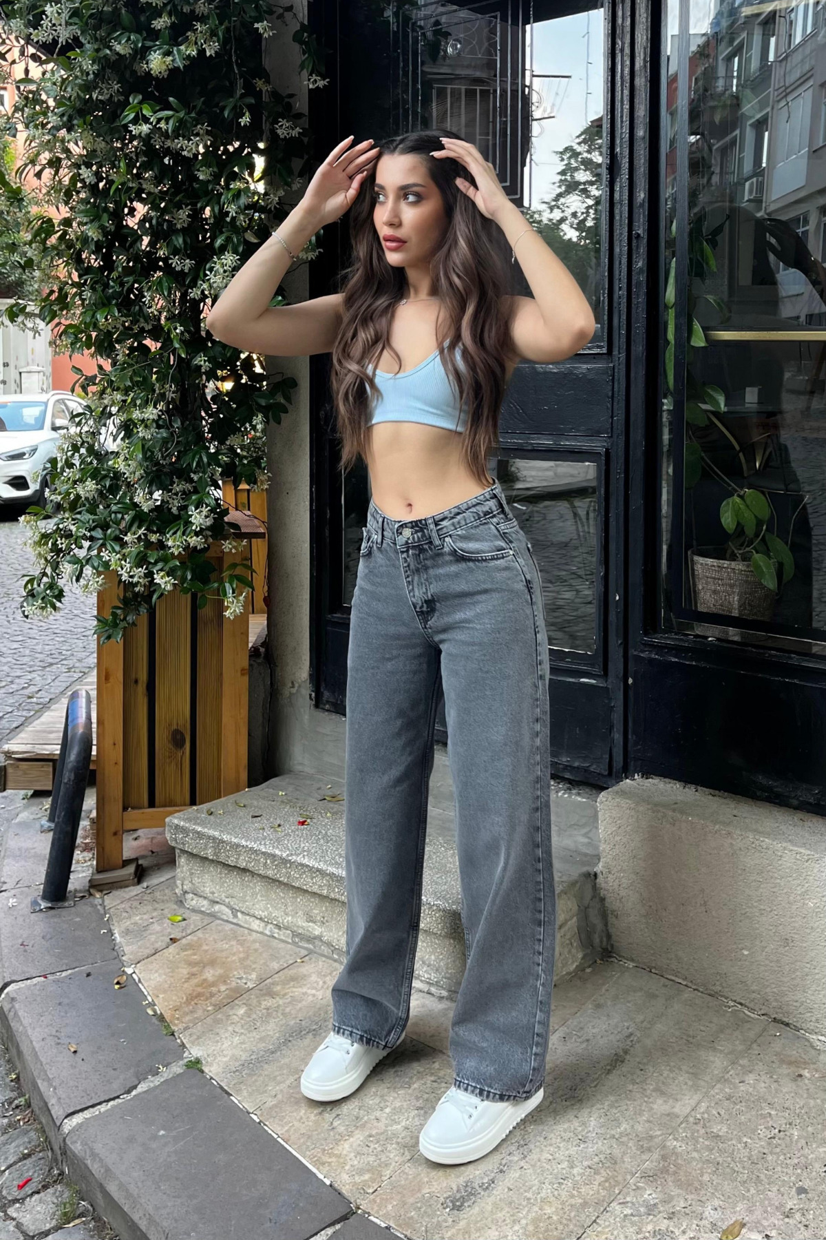 Gri Yüksek Bel Wide Leg Jeans 3