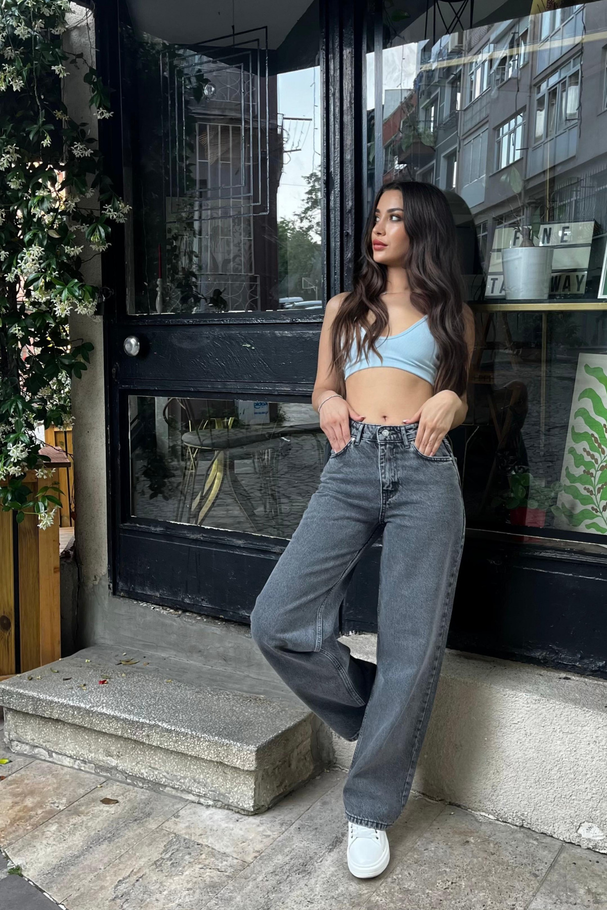 Gri Yüksek Bel Wide Leg Jeans 7