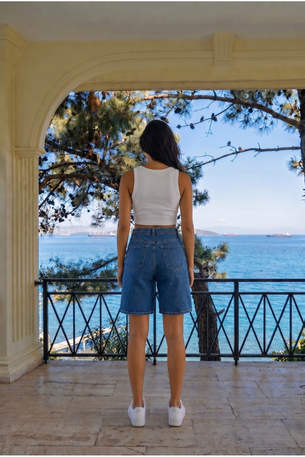 Lacivert Kadın Yüksek Bel Rahat kesim Kar Yıkama Jean şort 4