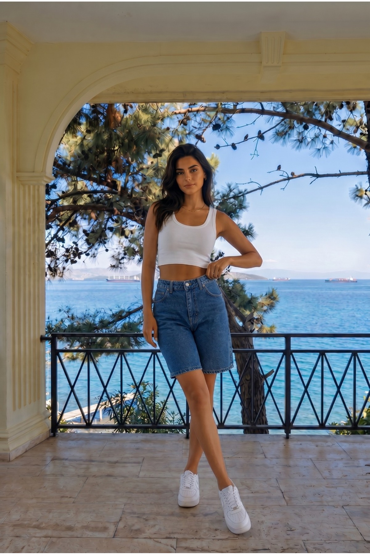 Lacivert Kadın Yüksek Bel Rahat kesim Kar Yıkama Jean şort 5