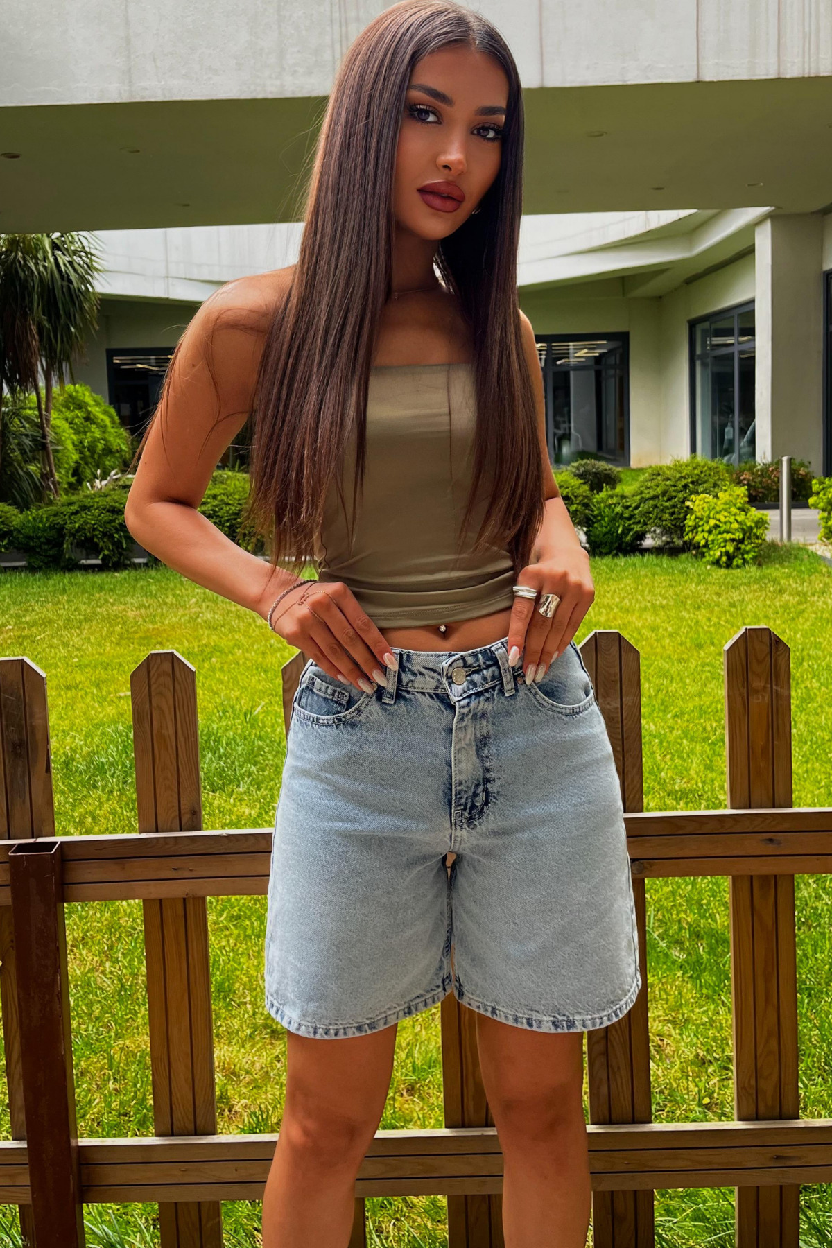 Kadın Yüksek Bel 5 Cepli Straight Fit Şort Jeans Mavi 6