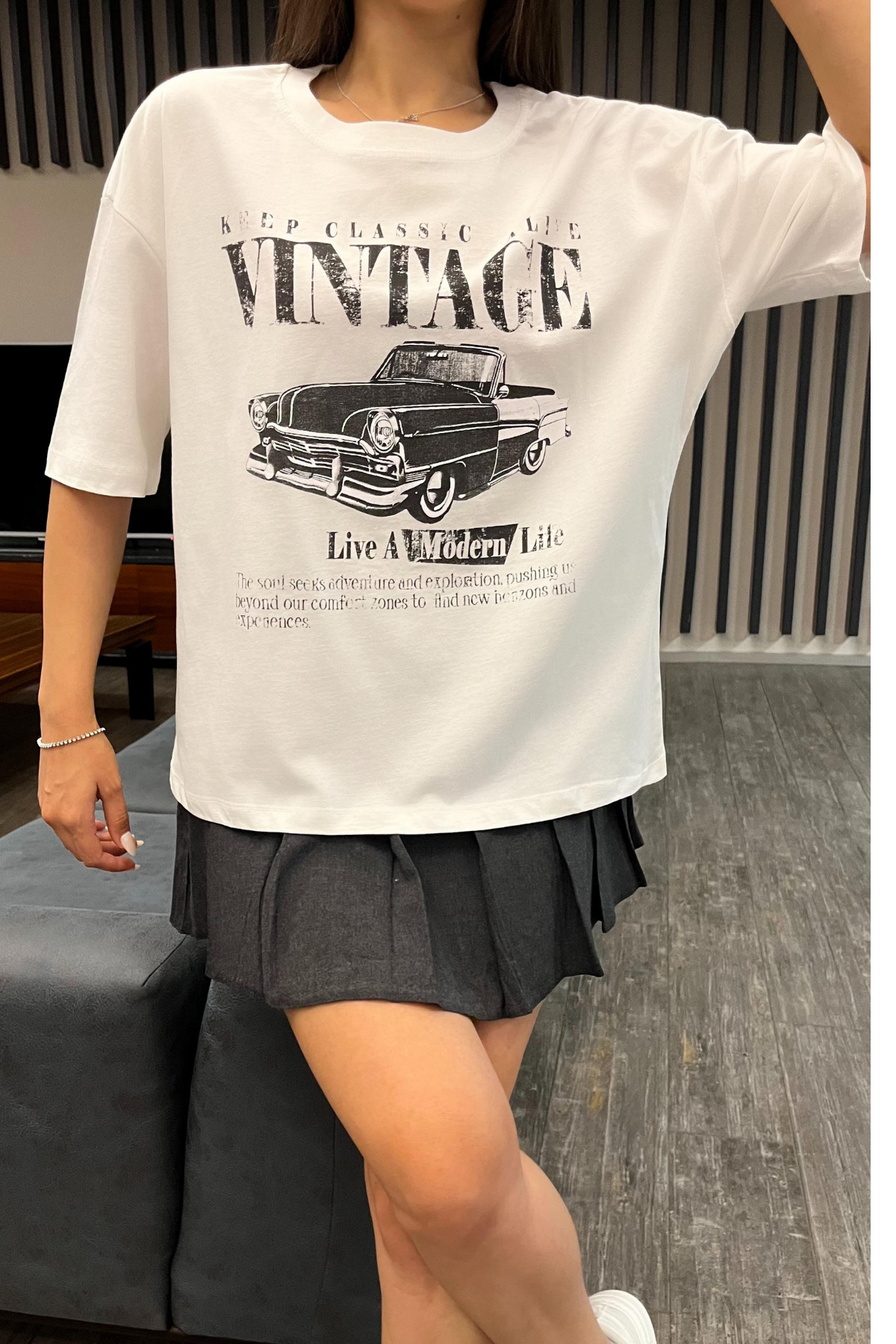 Kadın Özel Dijital Baskılı Oversize T-Shirt Beyaz 6