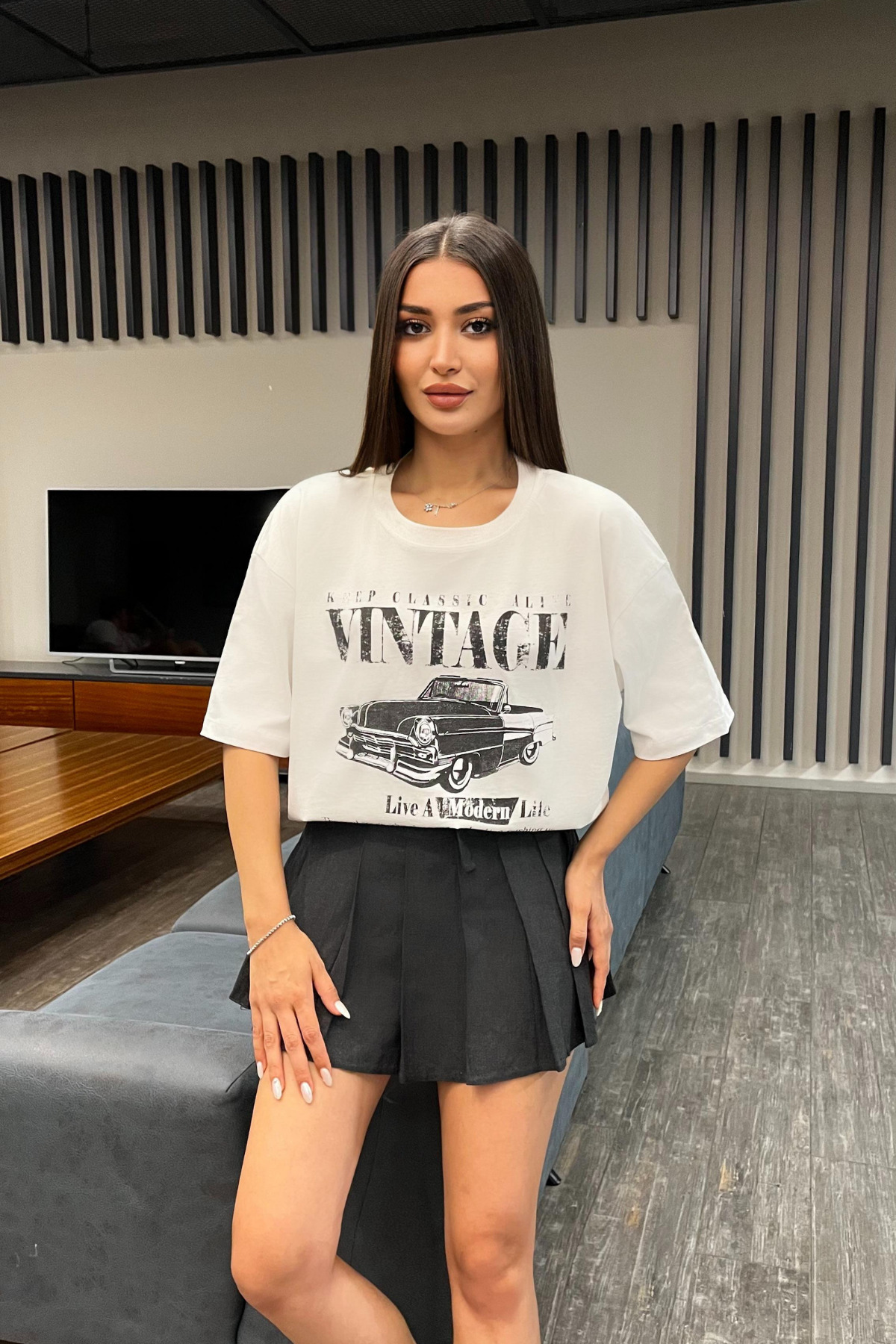 Kadın Özel Dijital Baskılı Oversize T-Shirt Beyaz 5