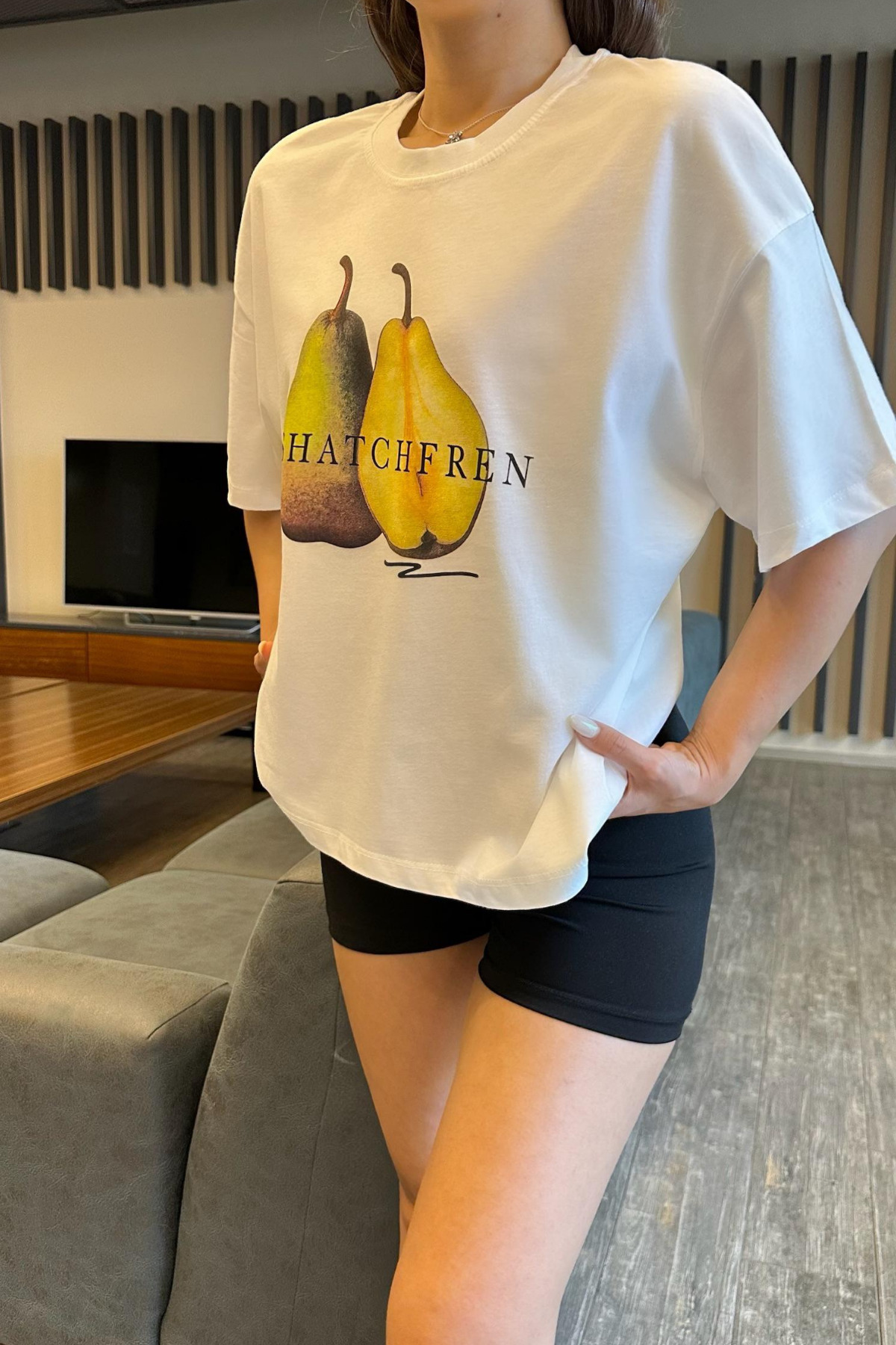 Kadın Özel Dijital Baskılı Oversize T-Shirt Ekru 3