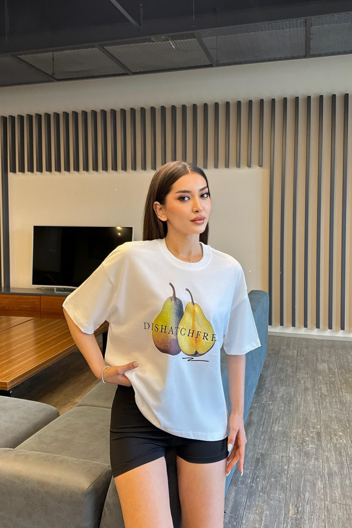 Kadın Özel Dijital Baskılı Oversize T-Shirt Ekru 5