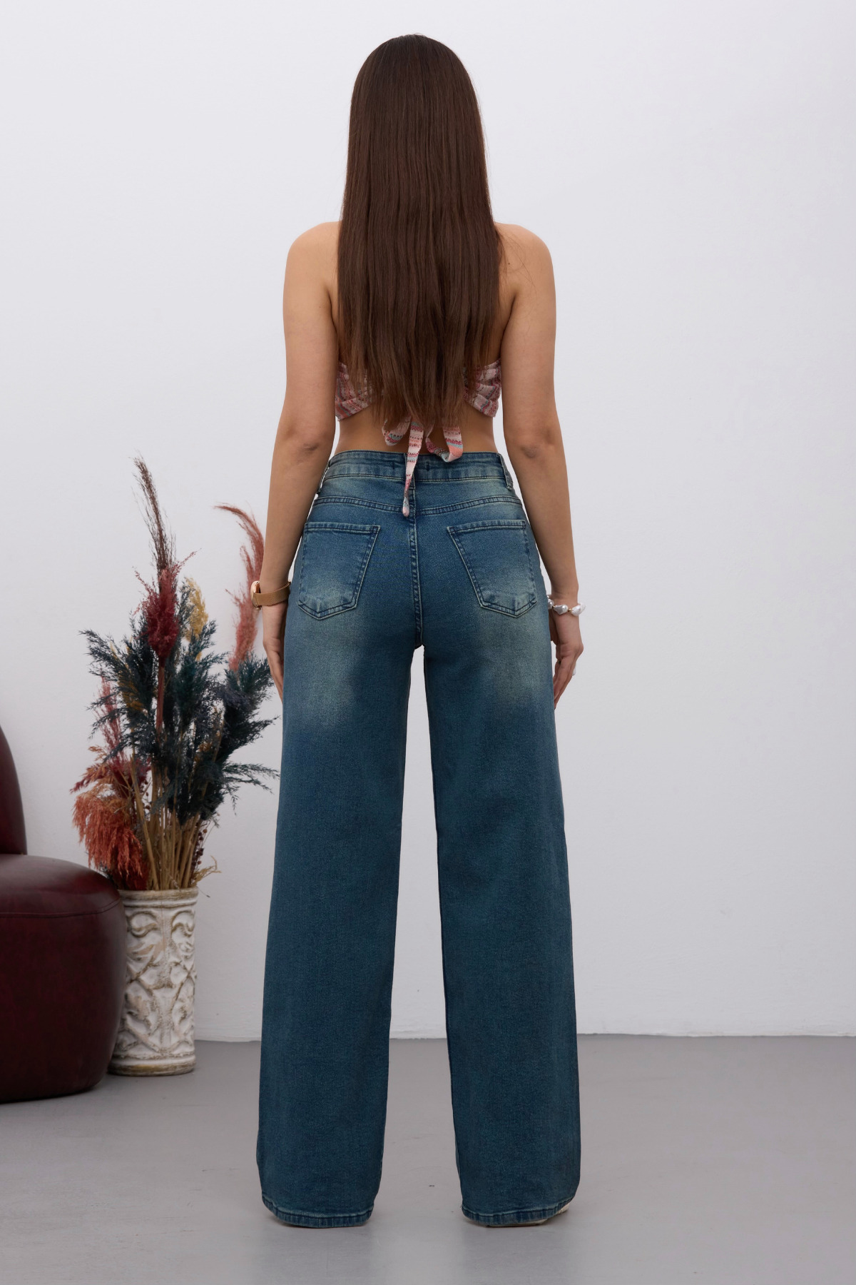 Kadın Yüksek Bel Esnek Soluk Efektli Vintage Geniş Paça Wide Leg Rahat Jean koyu Mavi 5