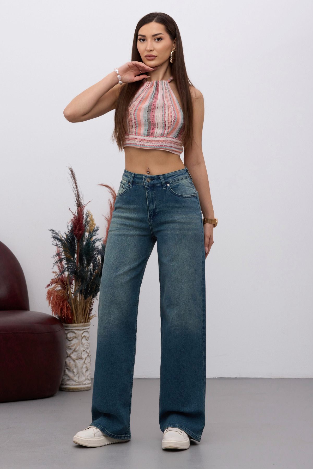 Kadın Yüksek Bel Esnek Soluk Efektli Vintage Geniş Paça Wide Leg Rahat Jean koyu Mavi 8