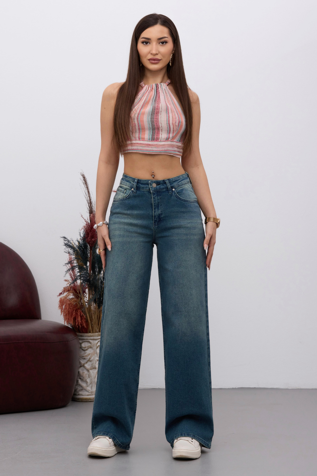 Kadın Yüksek Bel Esnek Soluk Efektli Vintage Geniş Paça Wide Leg Rahat Jean koyu Mavi 7