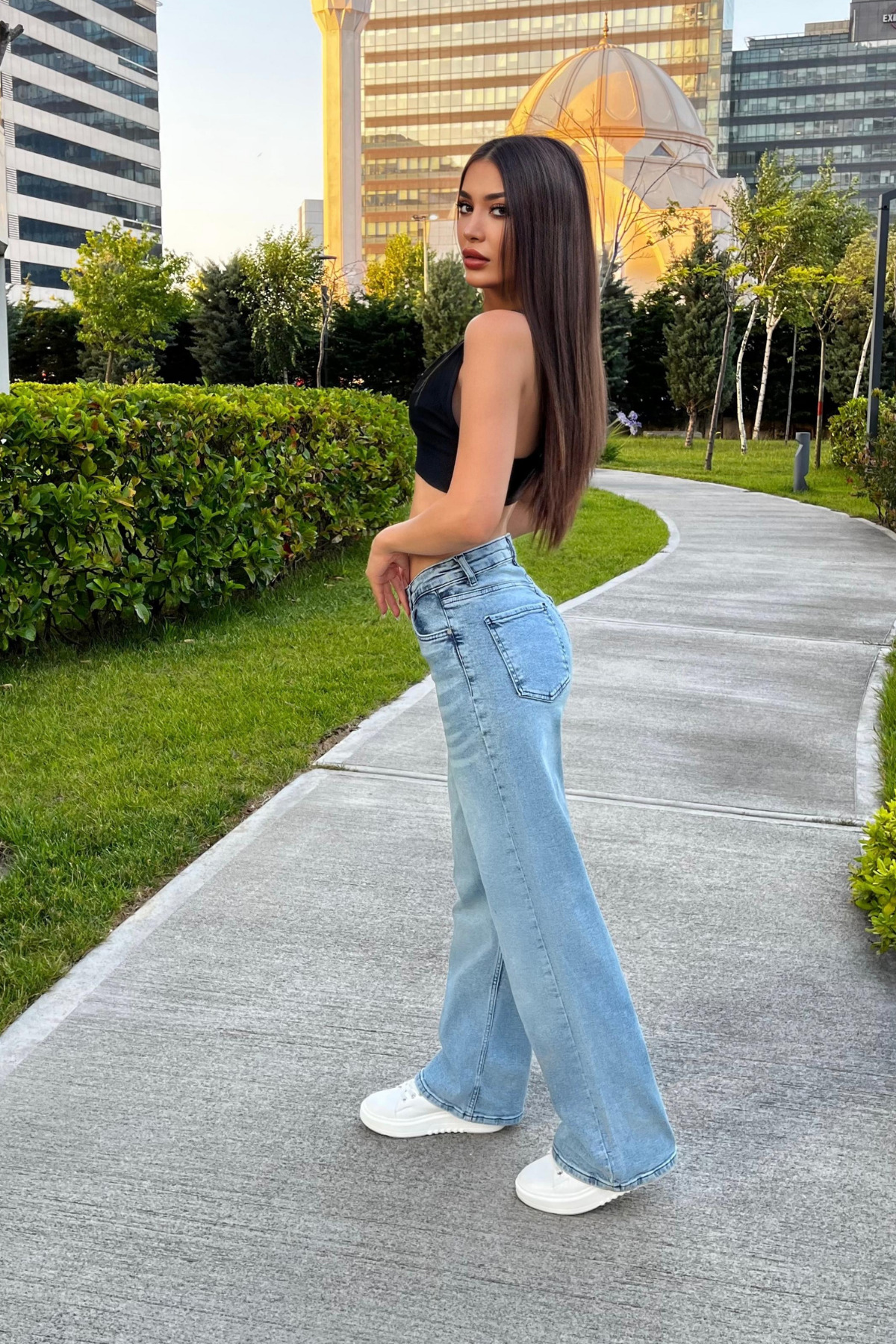 Kadın Yüksek Bel Esnek Soluk Efektli Vintage Geniş Paça Wide Leg Rahat Jean Mavi 8