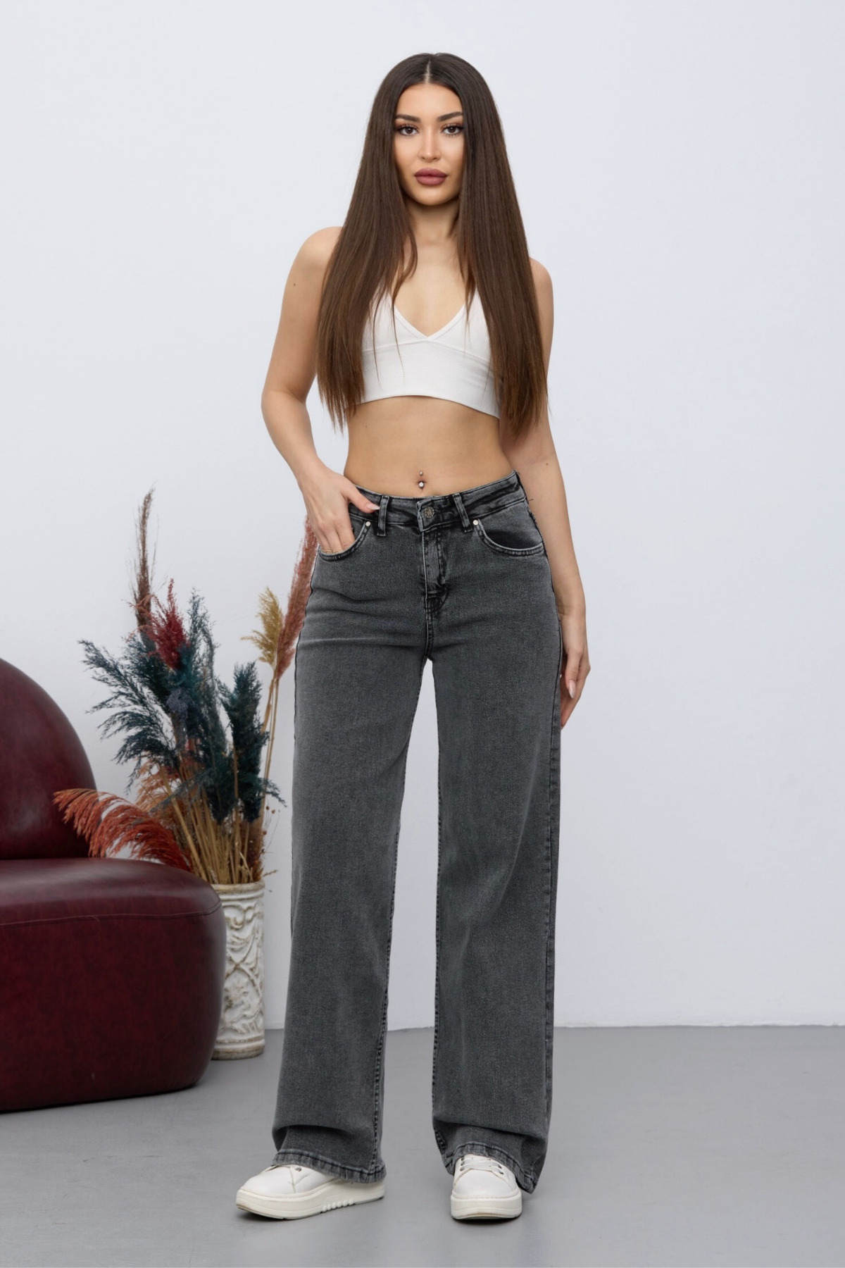 Kadın 90's Esnek Wide Leg Salaş Palazzo Kot Pantolon Gri 6