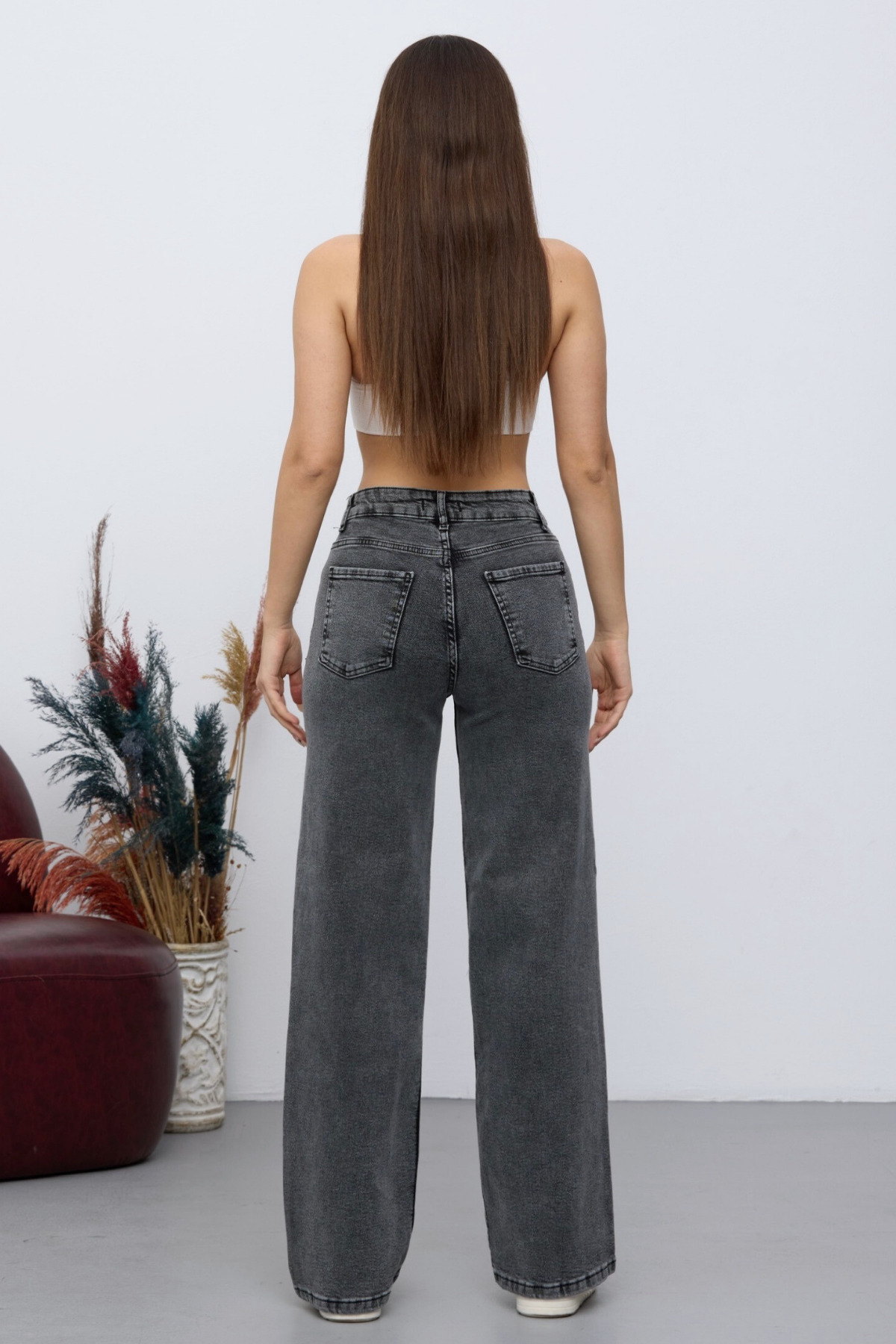 Kadın 90's Esnek Wide Leg Salaş Palazzo Kot Pantolon Gri 5