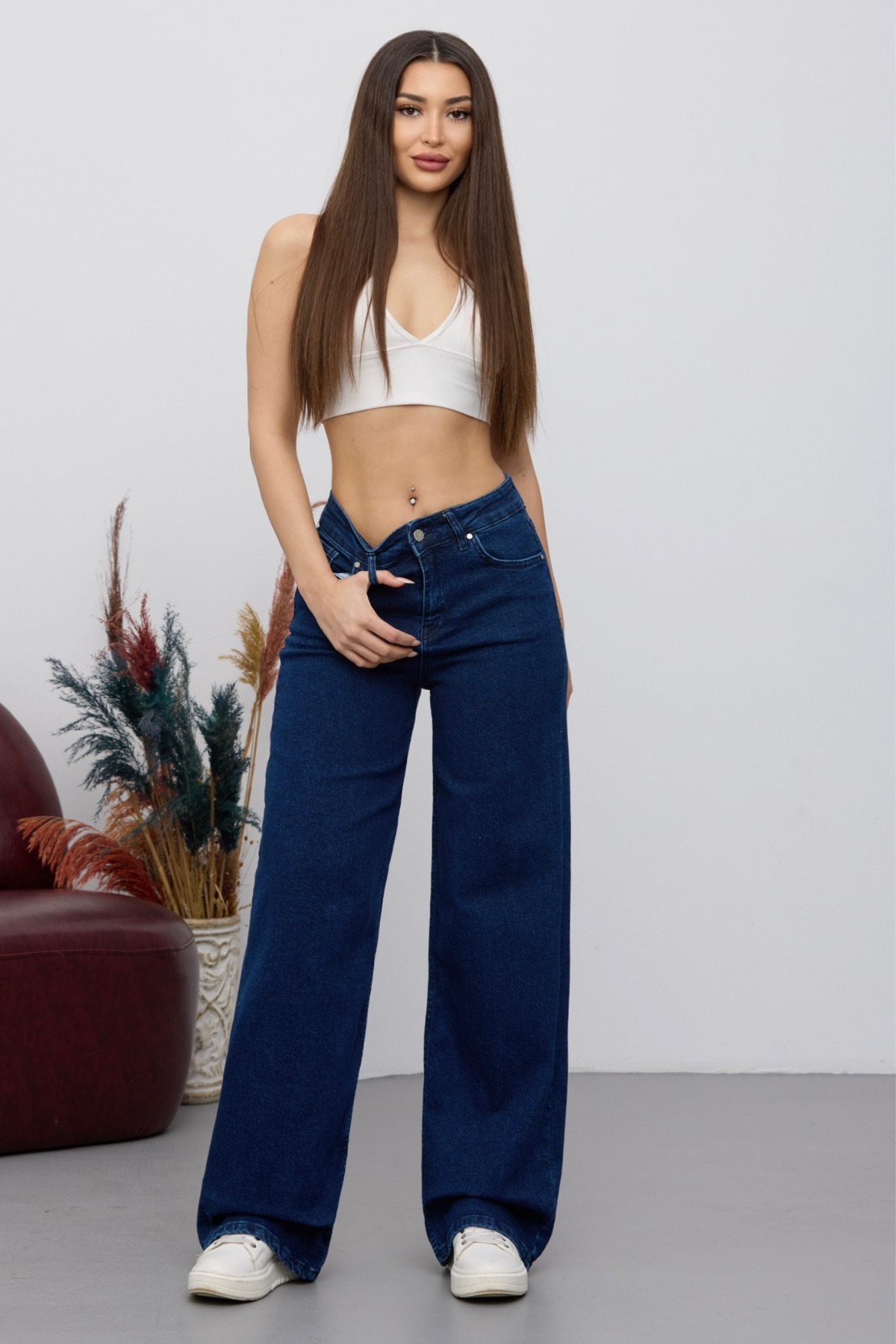 Kadın 90's Esnek Wide Leg Salaş Palazzo Kot Pantolon Lacivert 6