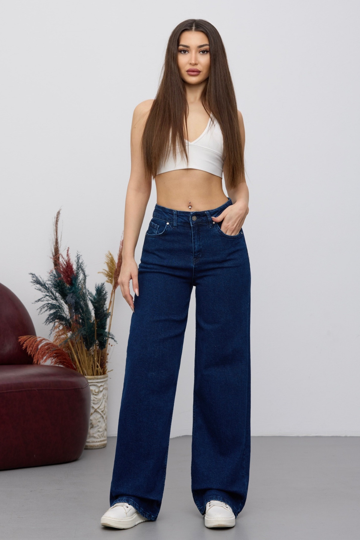 Kadın 90's Esnek Wide Leg Salaş Palazzo Kot Pantolon Lacivert 8