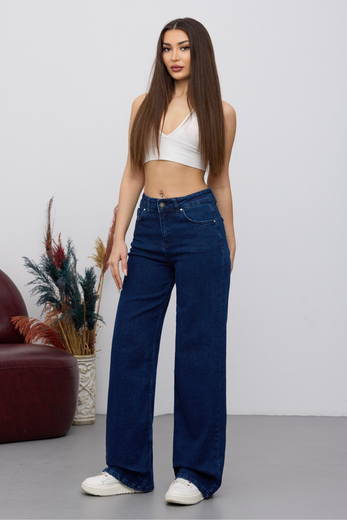 Kadın 90's Esnek Wide Leg Salaş Palazzo Kot Pantolon Lacivert 7