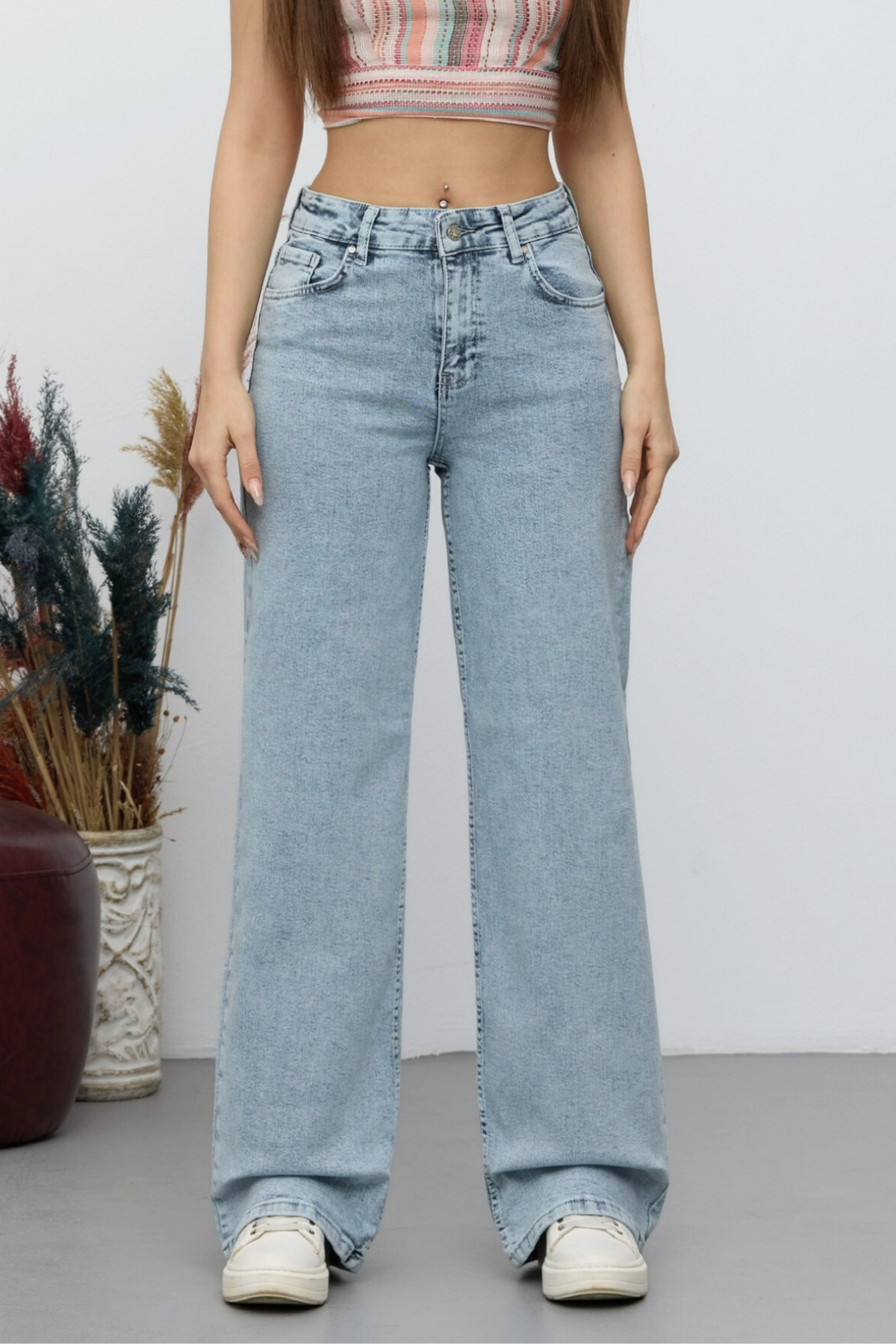 Kadın 90's Esnek Wide Leg Salaş Palazzo Kot Pantolon Mavi 4