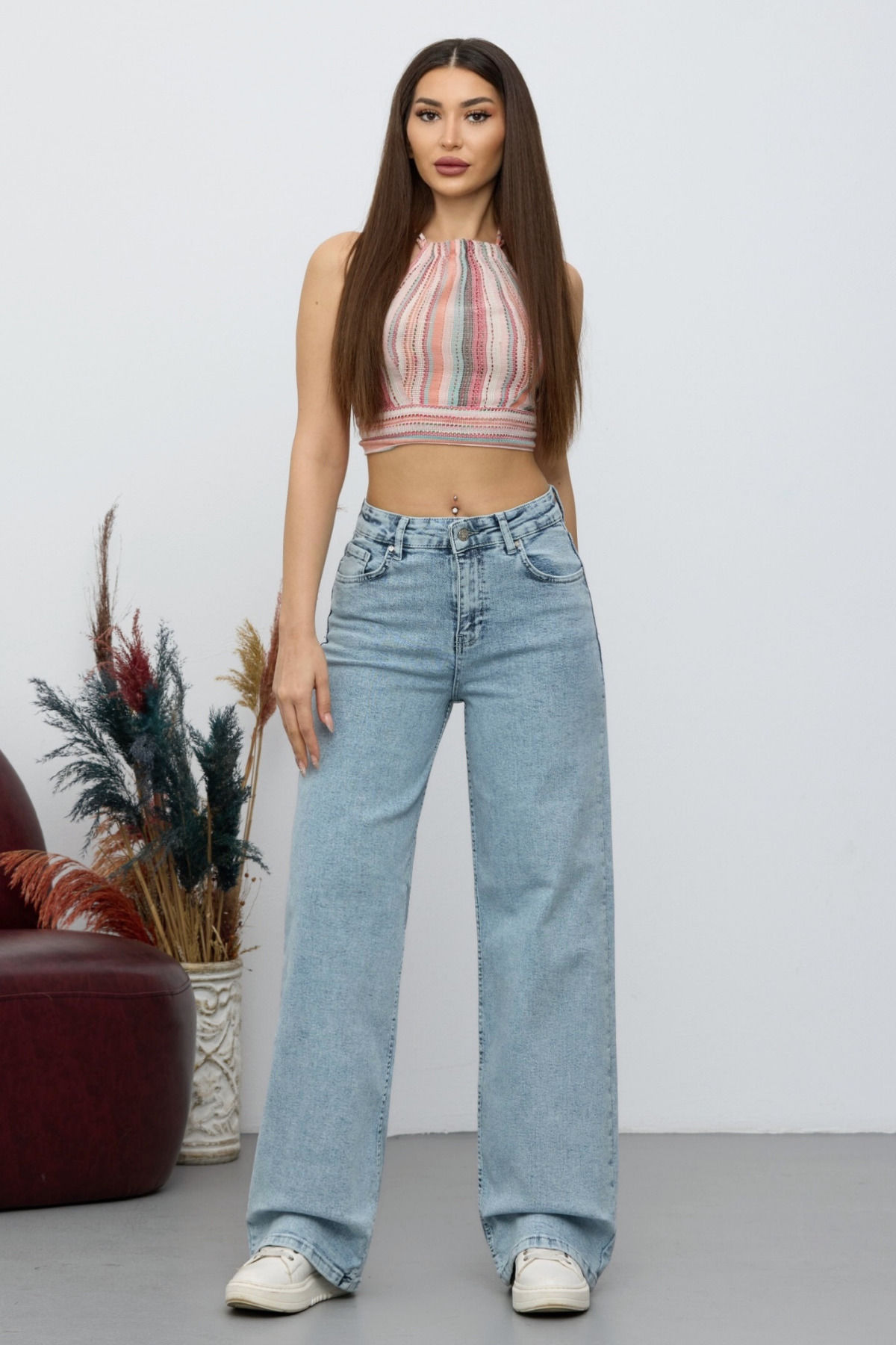 Kadın 90's Esnek Wide Leg Salaş Palazzo Kot Pantolon Mavi 8