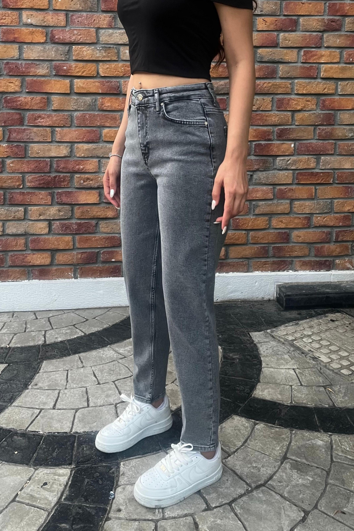 Kadın Yüksek Bel Boyfriend Likralı Kot Pantolon Gri 6