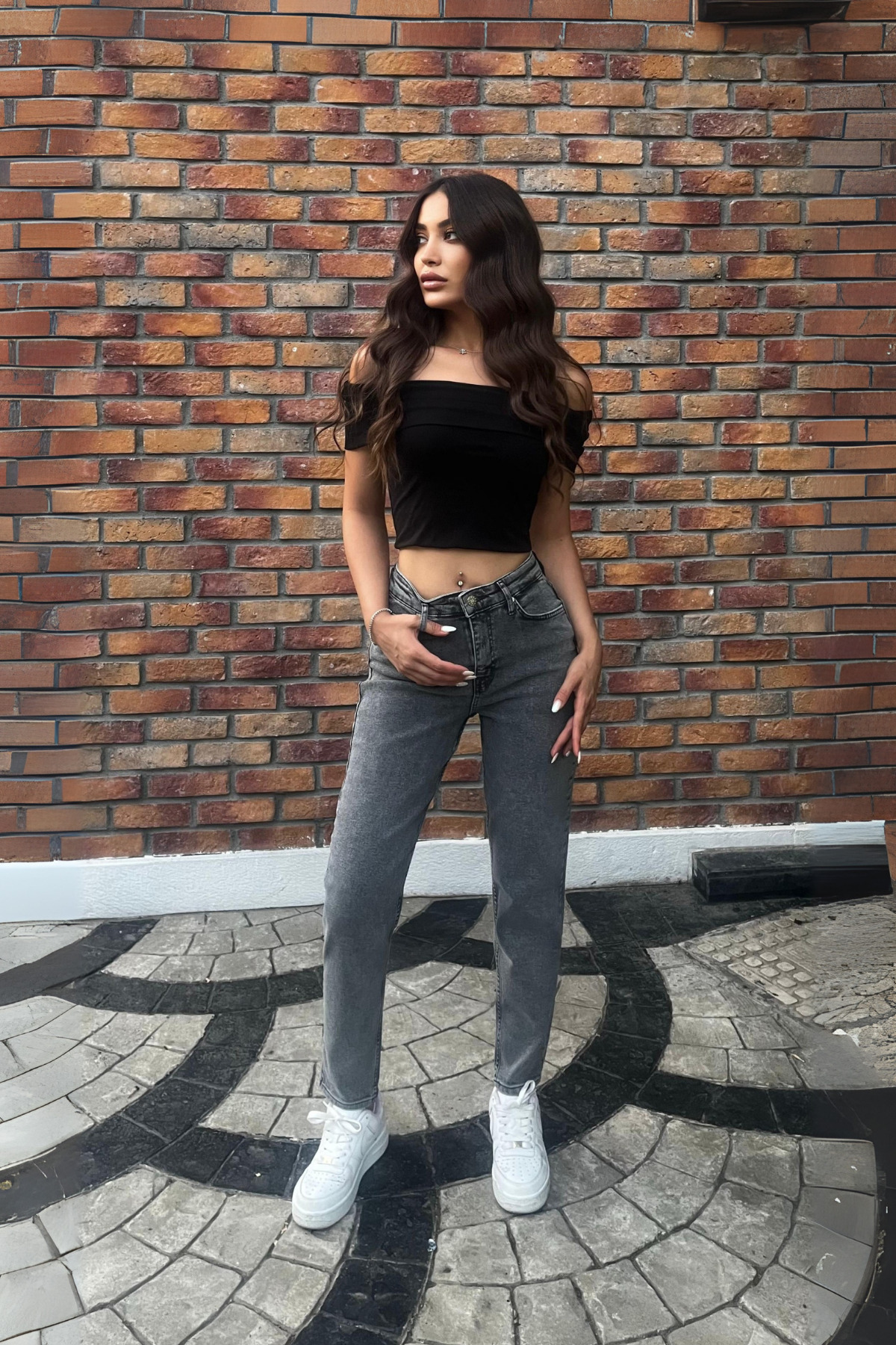Kadın Yüksek Bel Boyfriend Likralı Kot Pantolon Gri 5