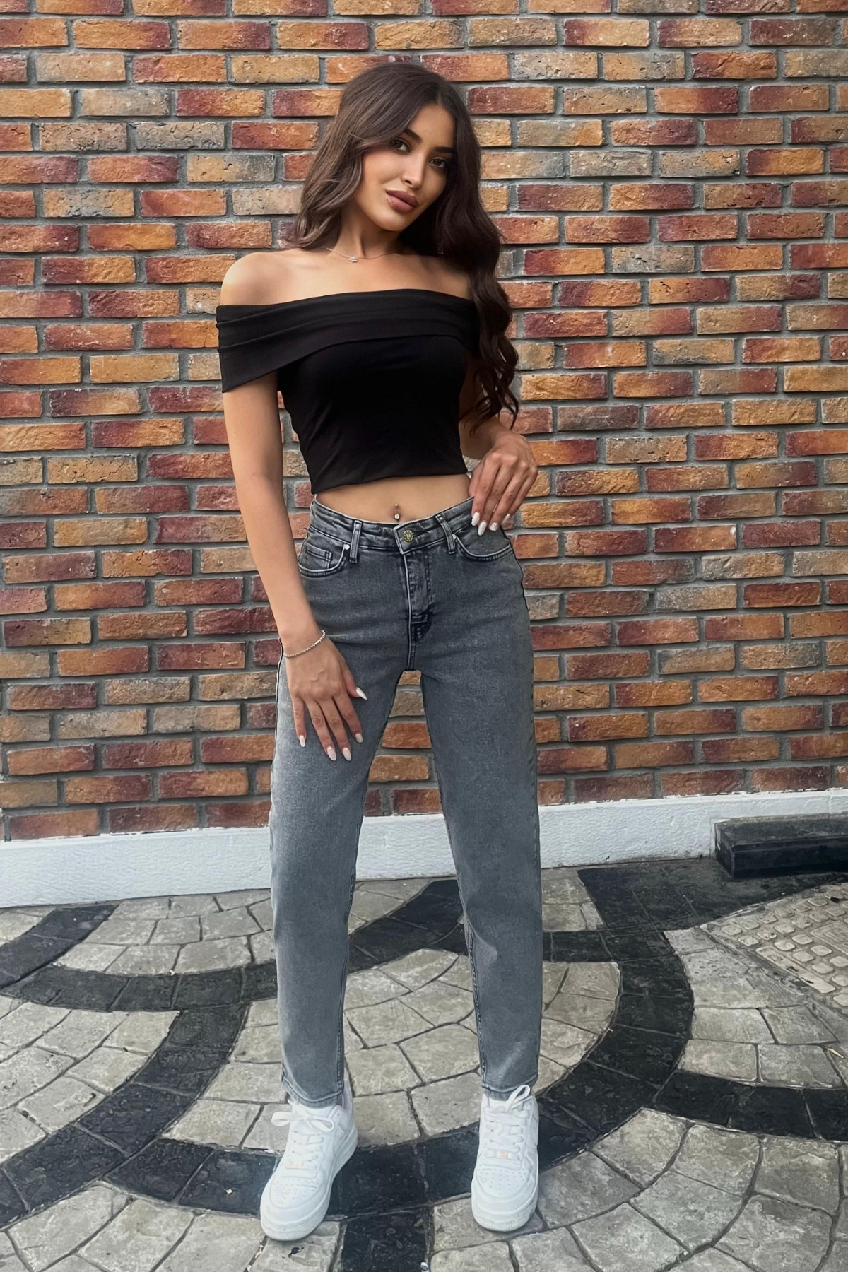 Kadın Yüksek Bel Boyfriend Likralı Kot Pantolon Gri 7