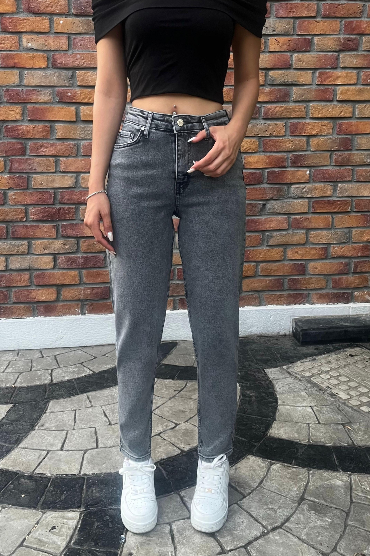 Kadın Yüksek Bel Boyfriend Likralı Kot Pantolon Gri 4
