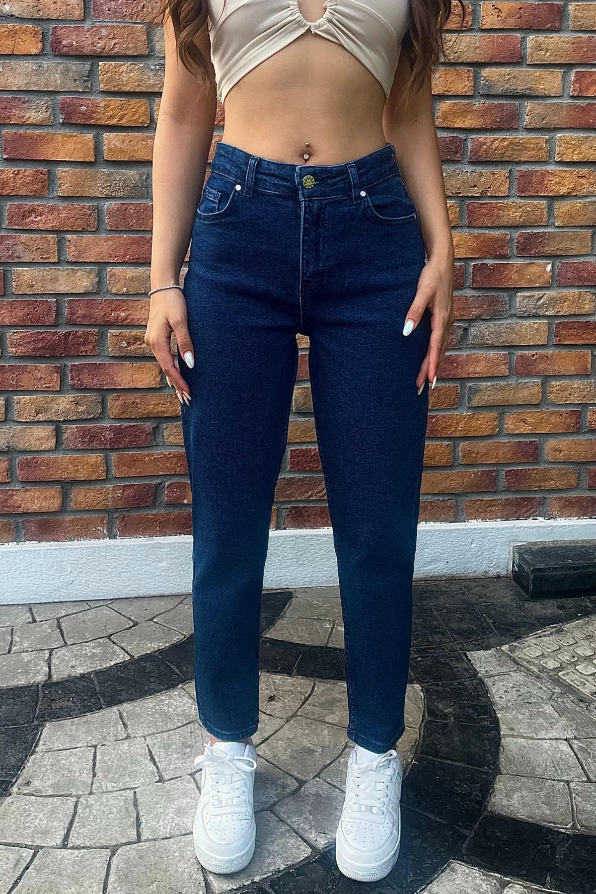 Kadın Yüksek Bel Boyfriend Likralı Kot Pantolon Lacivert 3