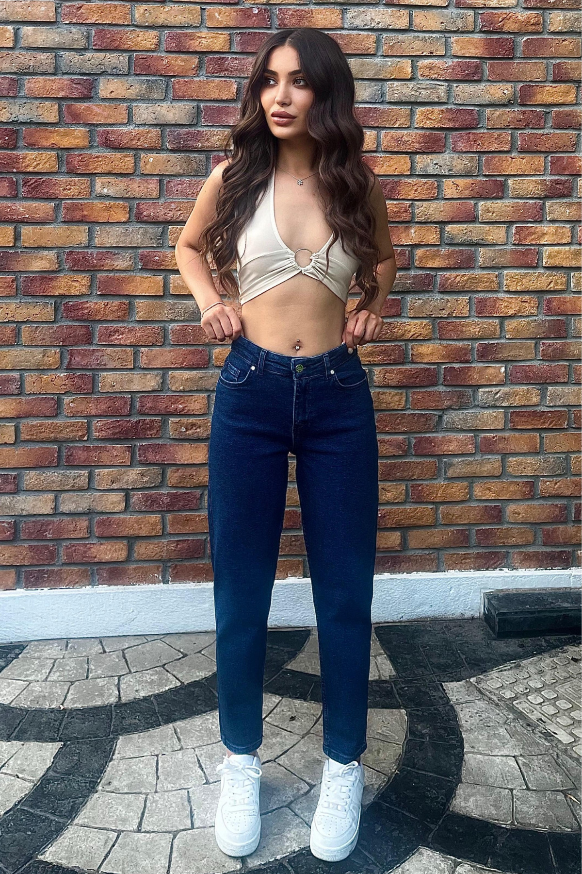 Kadın Yüksek Bel Boyfriend Likralı Kot Pantolon Lacivert 6