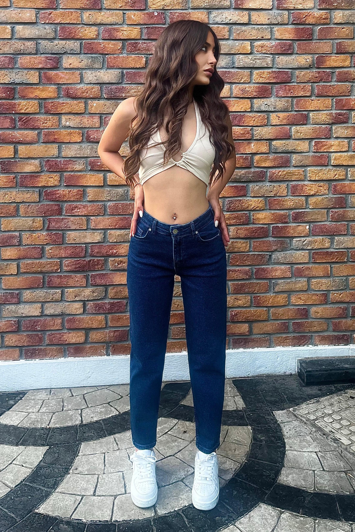 Kadın Yüksek Bel Boyfriend Likralı Kot Pantolon Lacivert 7