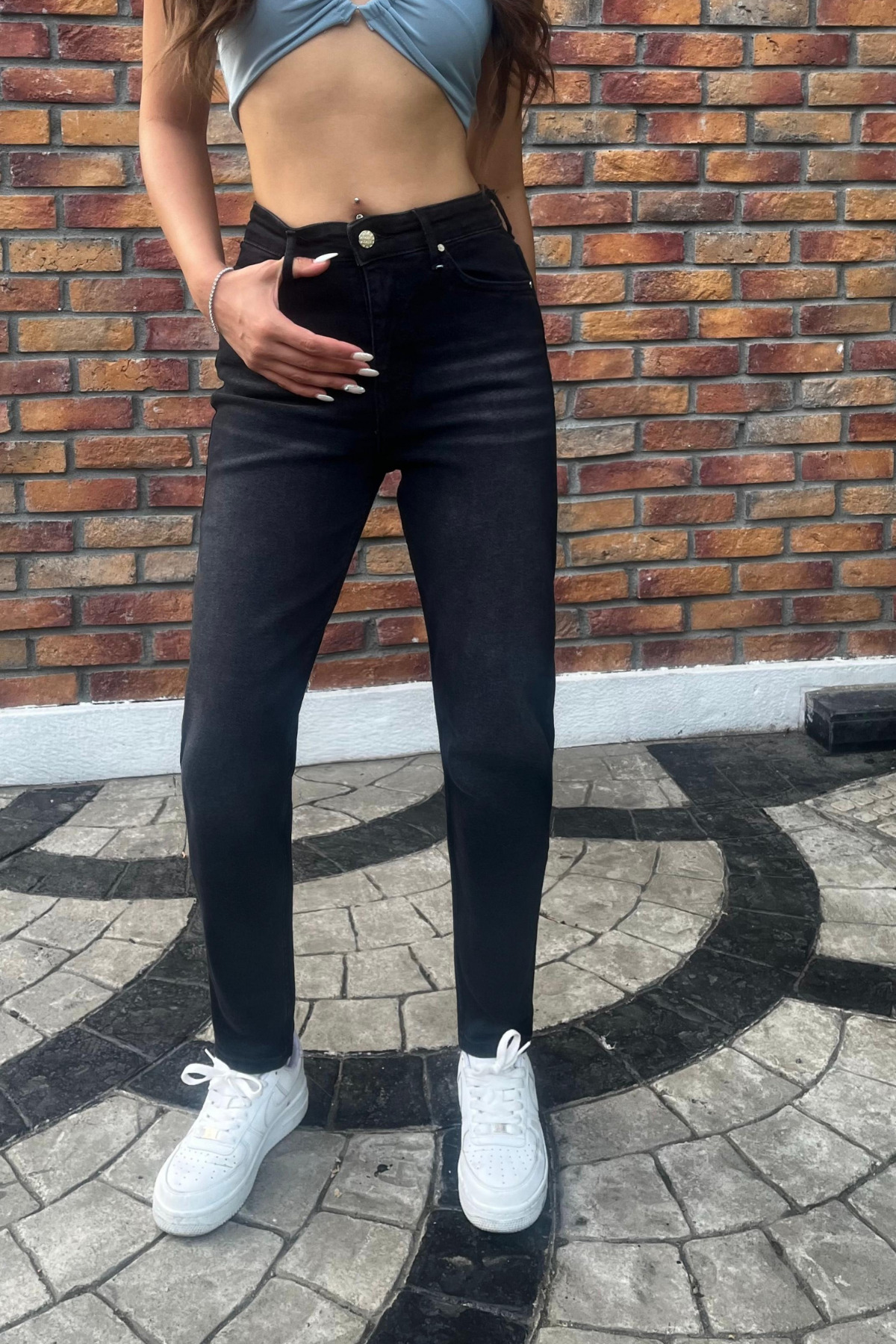 Kadın Yüksek Bel Boyfriend Likralı Kot Pantolon Siyah 4
