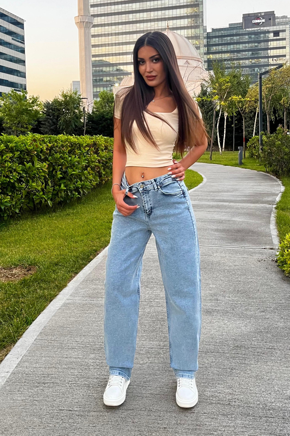 Kadın Street Style Bol Kesim Geniş Paça Baggy Kot Pantolon Mavi 7
