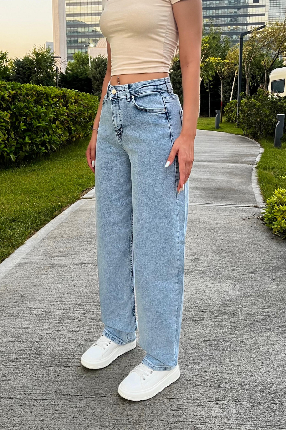 Kadın Street Style Bol Kesim Geniş Paça Baggy Kot Pantolon Mavi 4