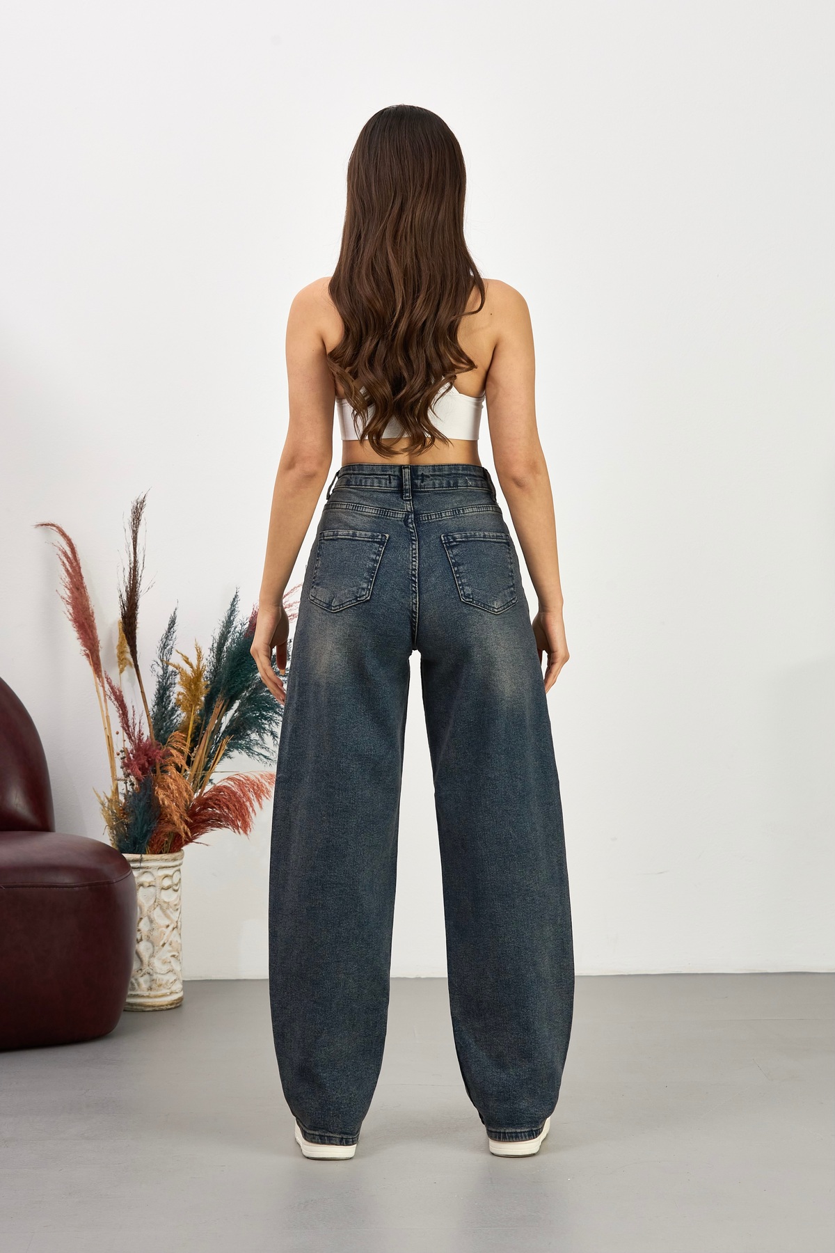Kadın Street Style Bol Kesim Geniş Paça Baggy Kot Pantolon Siyah 4