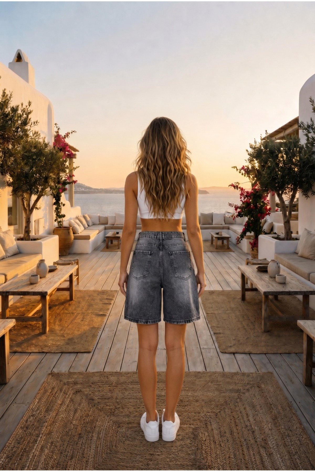Kadın Eskitme Efektli Yüksek Bel 5 Cepli Straight Fit Şort Jeans Gri 5