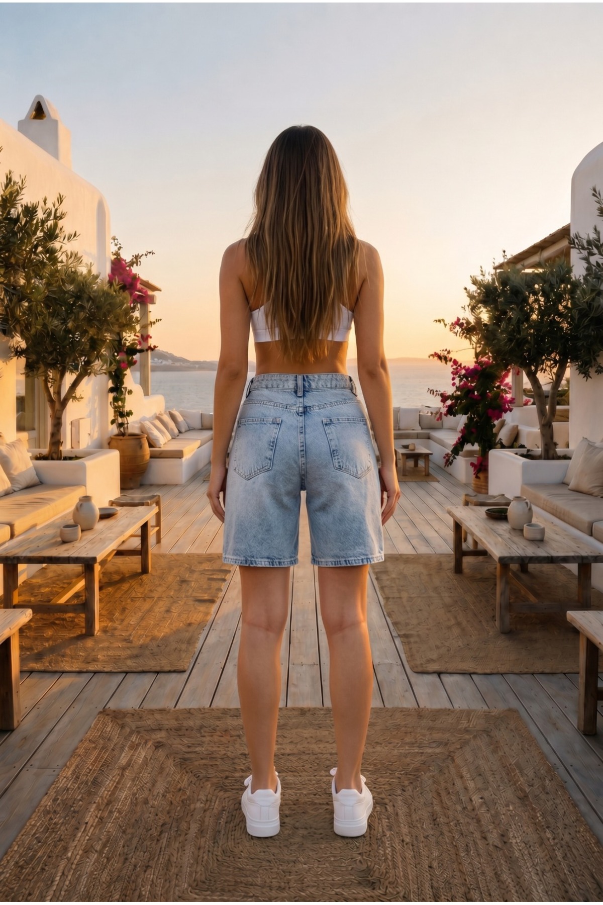 Kadın Eskitme Efektli Yüksek Bel 5 Cepli Straight Fit Şort Jeans Mavi 4
