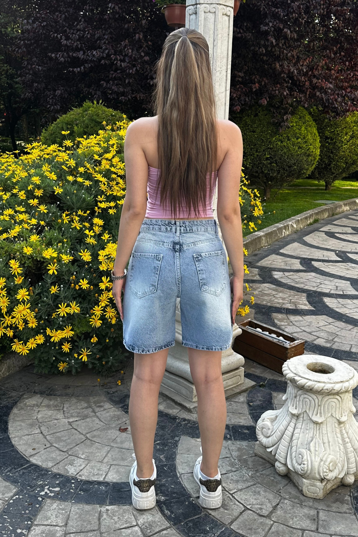 Kadın Vintage Efektli Yüksek Bel 5 Cepli Straight Fit Şort Jeans Mavi 5
