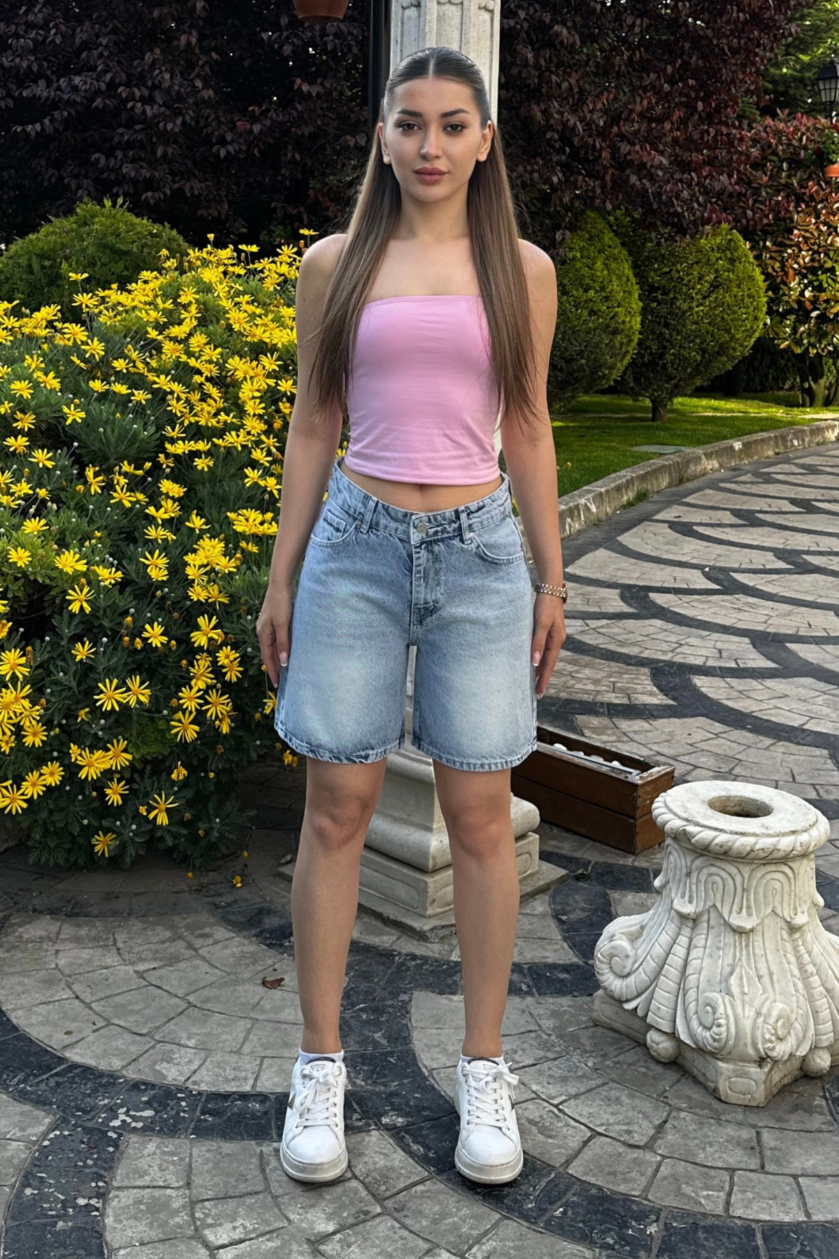 Kadın Vintage Efektli Yüksek Bel 5 Cepli Straight Fit Şort Jeans Mavi 7