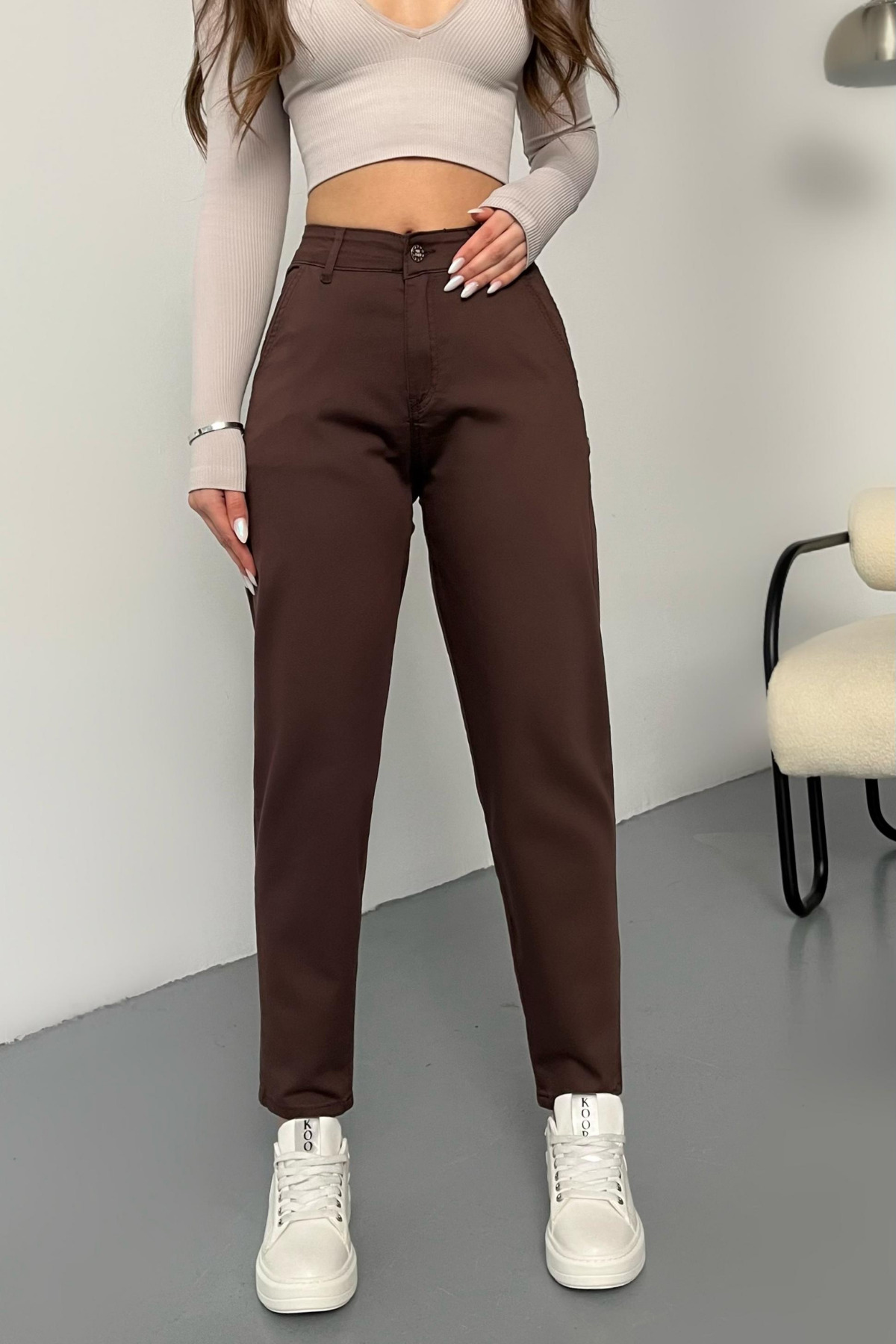 Kadın Yüksek Bel Likralı/Esnek Mom Pantolon Kahverengi 5
