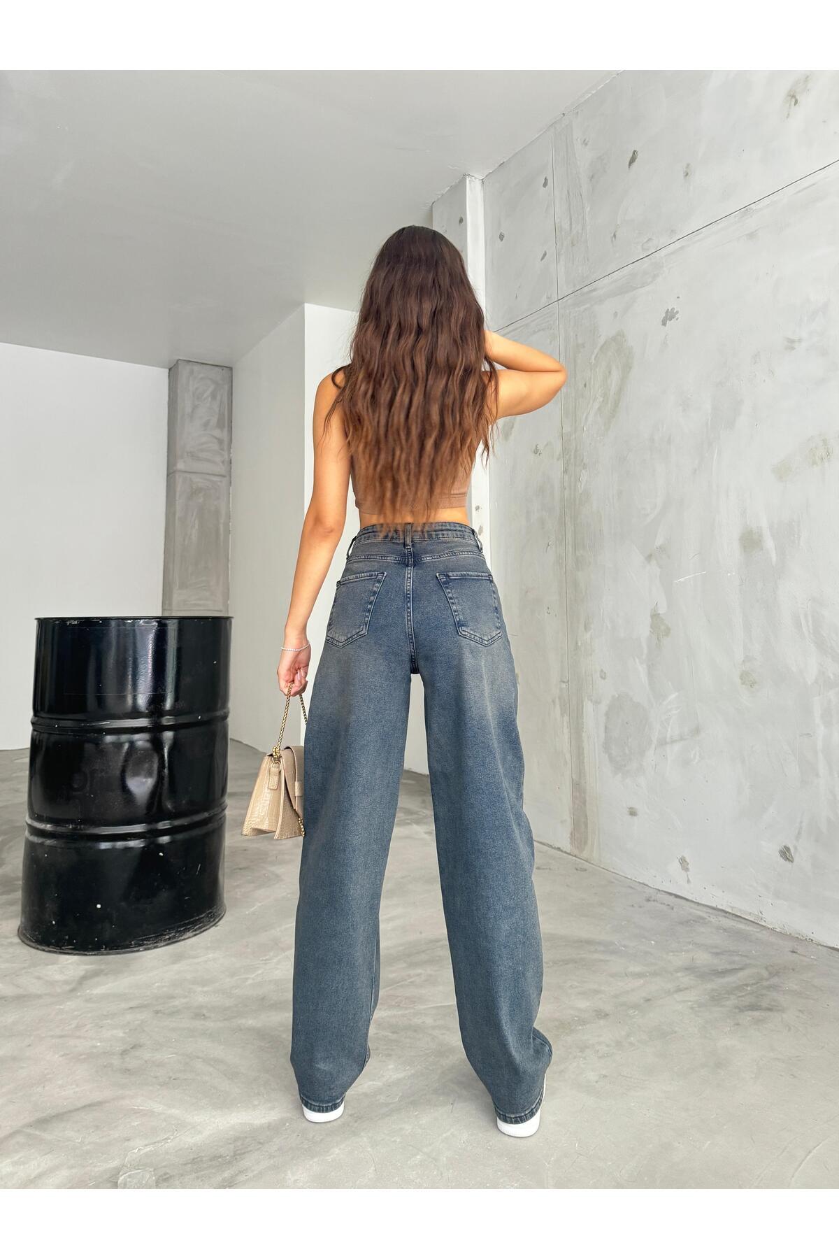 Kadın Soluk Efektli Bol Kesim Geniş Paça Rahat Baggy Jean Pantolon antrasit 5
