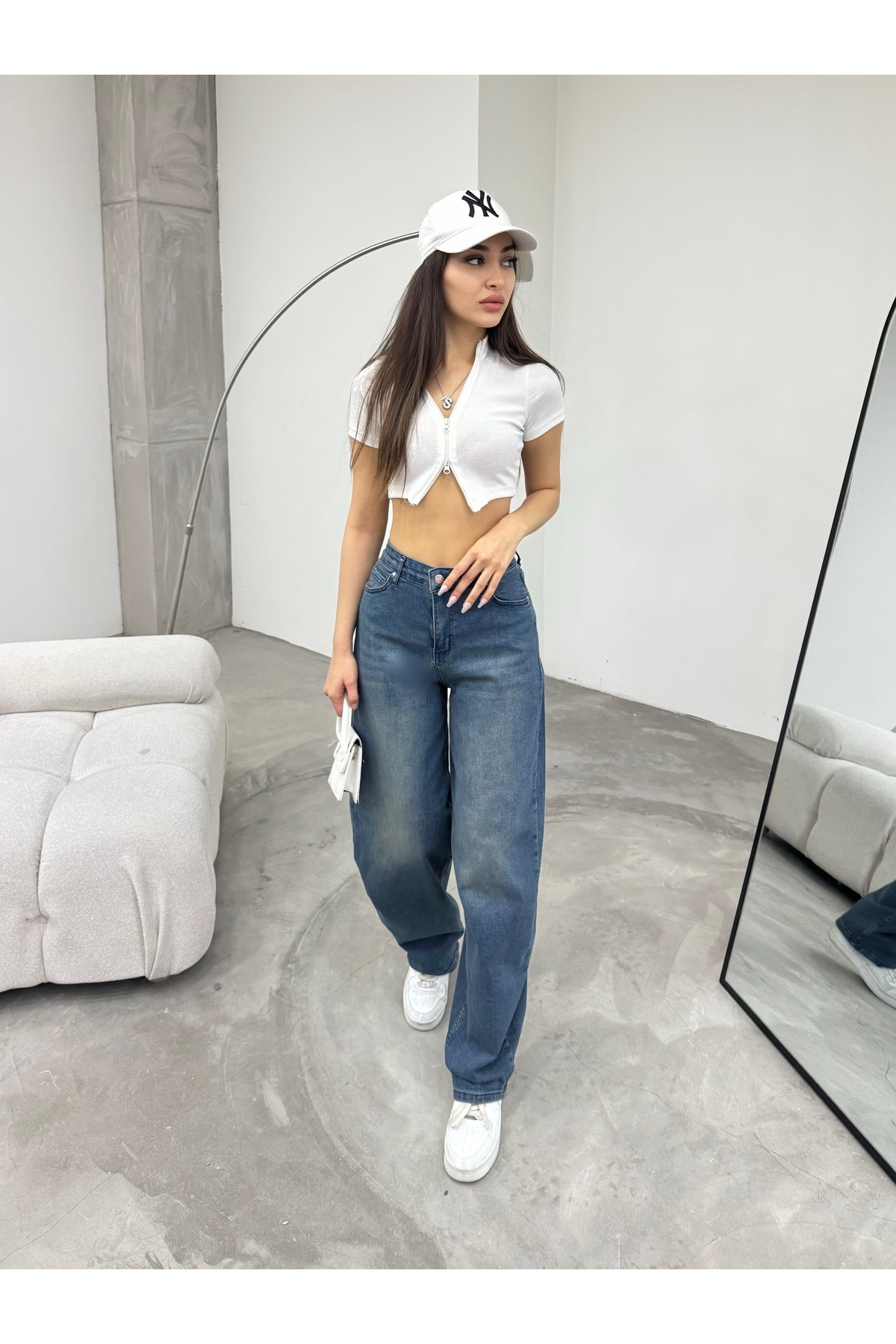 Kadın Soluk Efektli Bol Kesim Geniş Paça Rahat Baggy Jean Pantolon Efektli Mavi 7