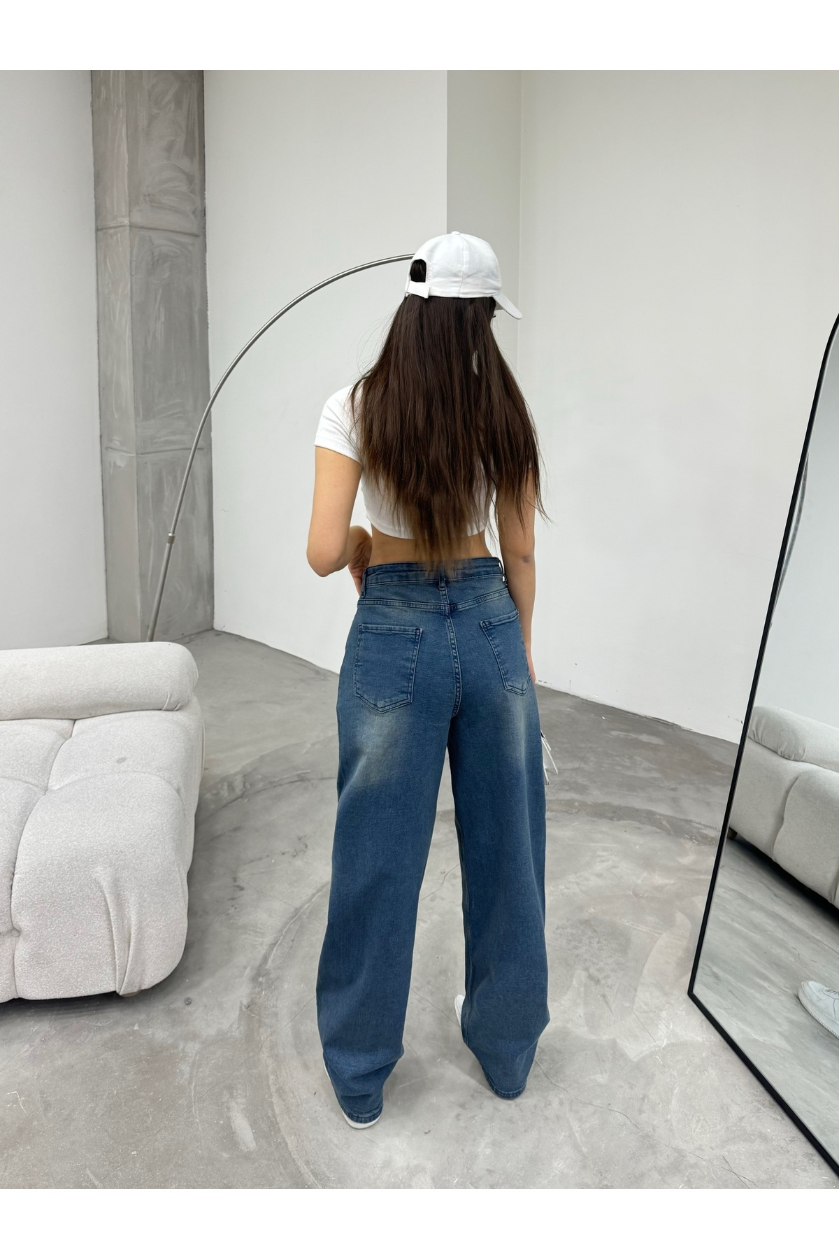 Kadın Soluk Efektli Bol Kesim Geniş Paça Rahat Baggy Jean Pantolon Efektli Mavi 5