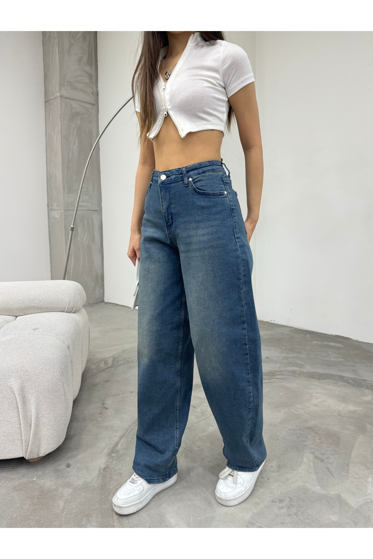 Kadın Soluk Efektli Bol Kesim Geniş Paça Rahat Baggy Jean Pantolon Efektli Mavi 4