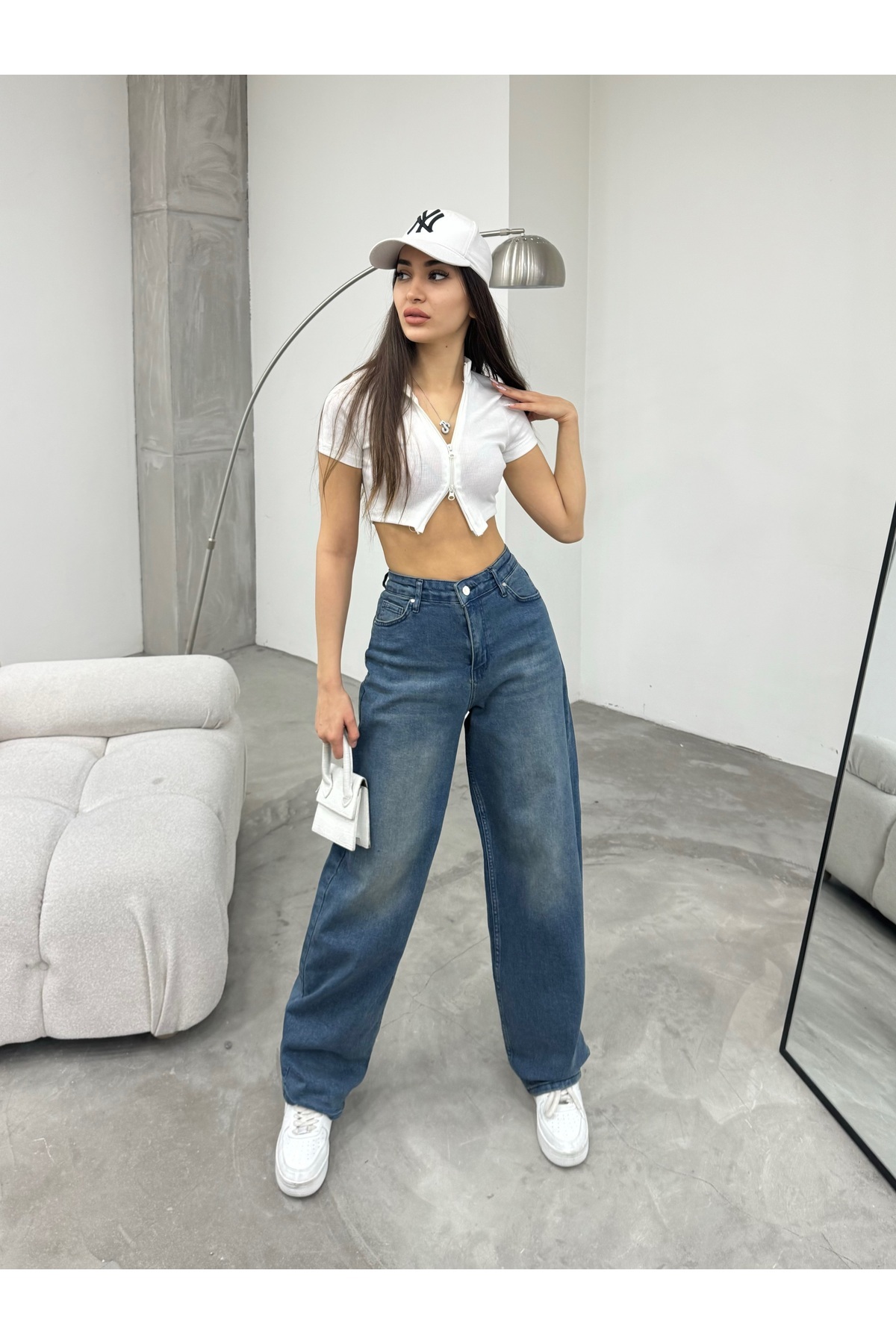 Kadın Soluk Efektli Bol Kesim Geniş Paça Rahat Baggy Jean Pantolon Efektli Mavi 8