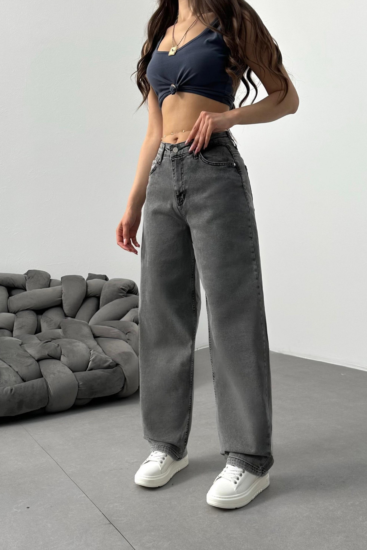 Kadın Gri Bol Kesim Geniş Paça Rahat Baggy Jean Pantolon 4