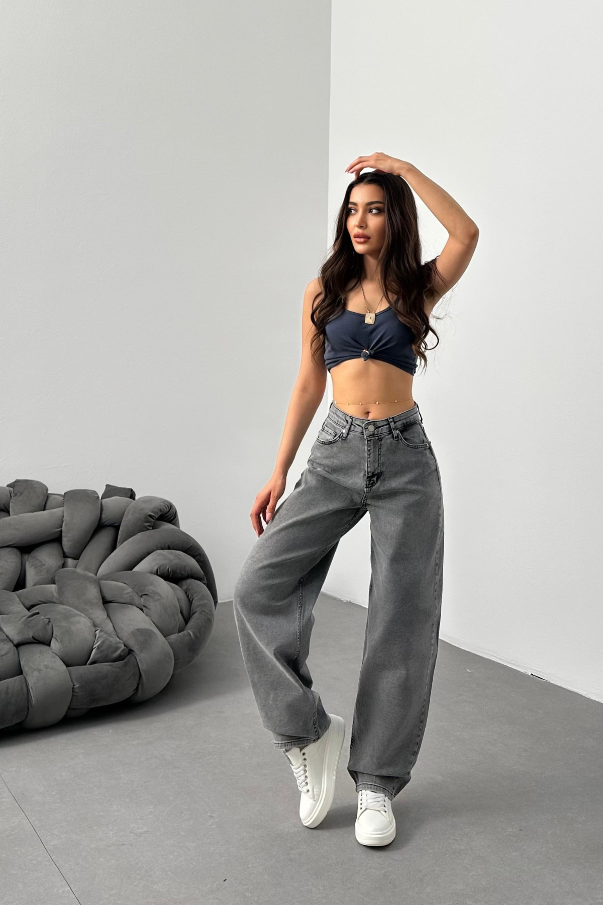 Kadın Gri Bol Kesim Geniş Paça Rahat Baggy Jean Pantolon 6