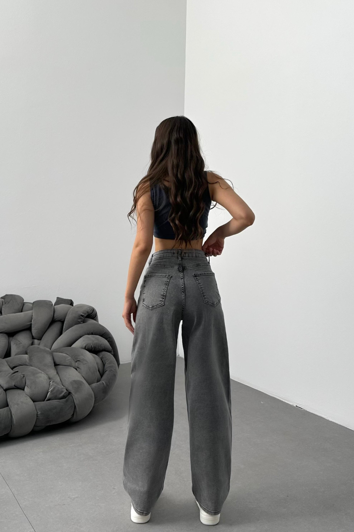 Kadın Gri Bol Kesim Geniş Paça Rahat Baggy Jean Pantolon 5