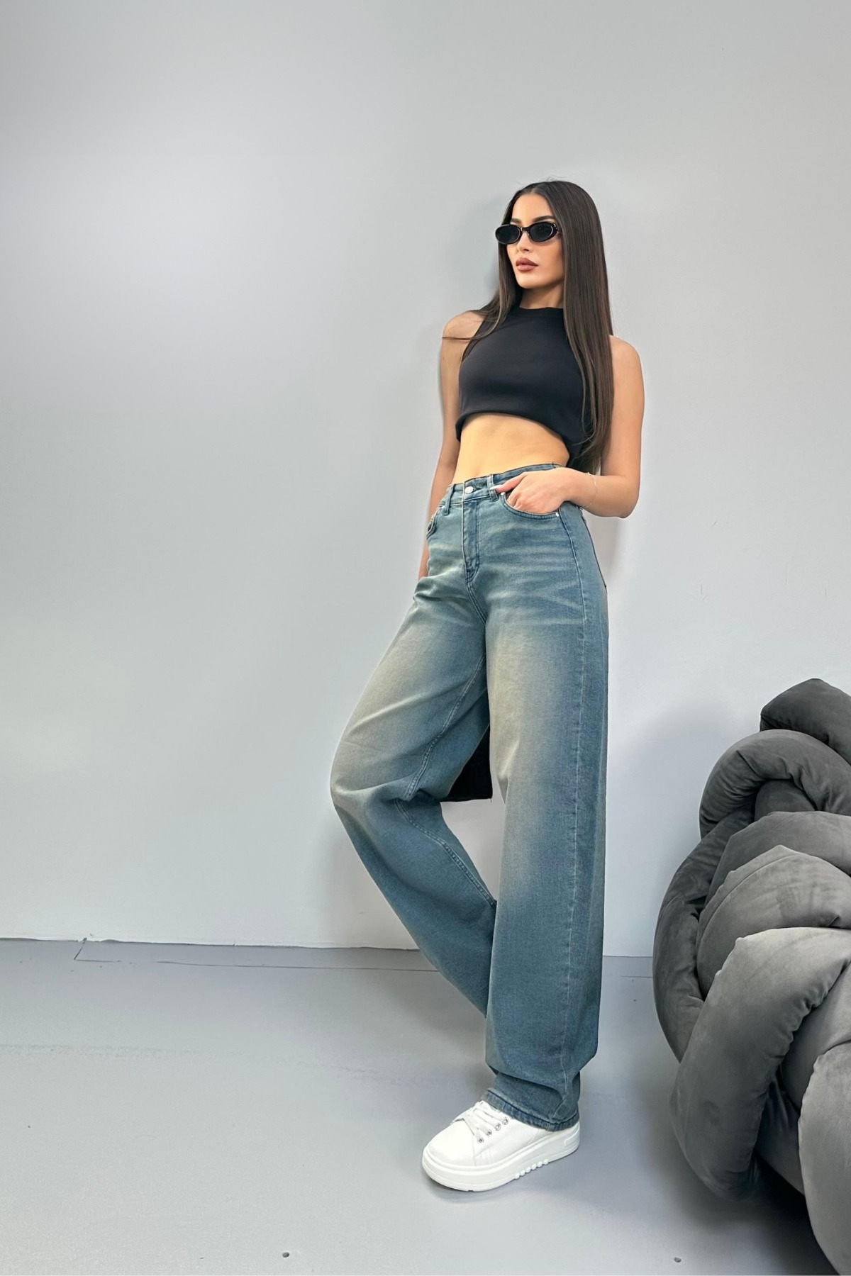 Kadın Soluk Efektli Bol Kesim Geniş Paça Rahat Baggy Jean Pantolon Mavi 7