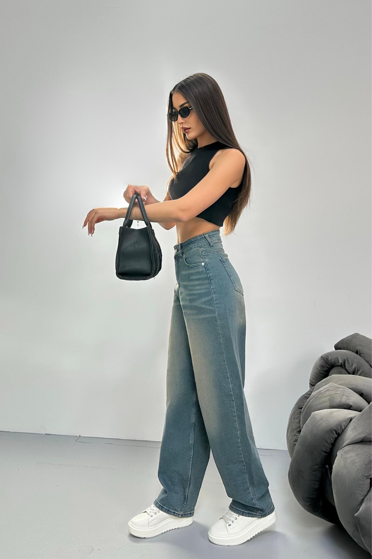 Kadın Soluk Efektli Bol Kesim Geniş Paça Rahat Baggy Jean Pantolon Mavi 5